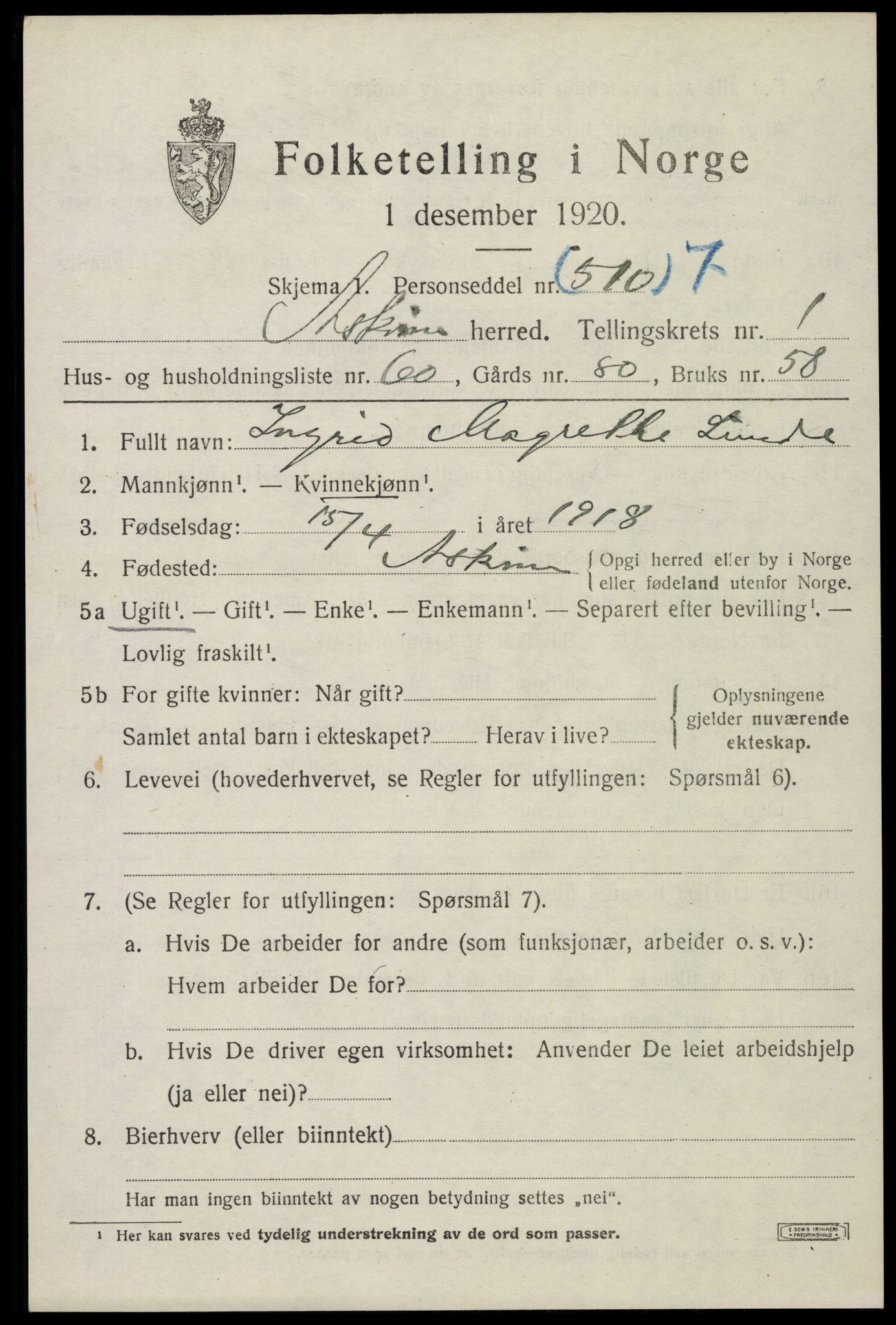 SAO, 1920 census for Askim, 1920, p. 2455