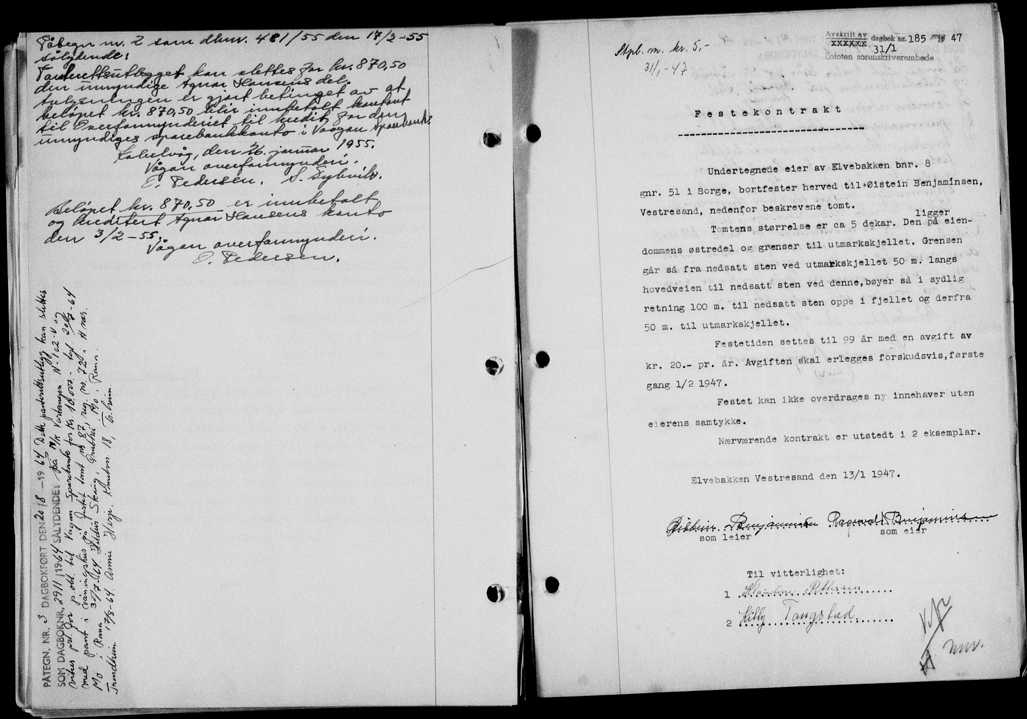 Lofoten sorenskriveri, SAT/A-0017/1/2/2C/L0015a: Mortgage book no. 15a, 1946-1947, Diary no: : 185/1947