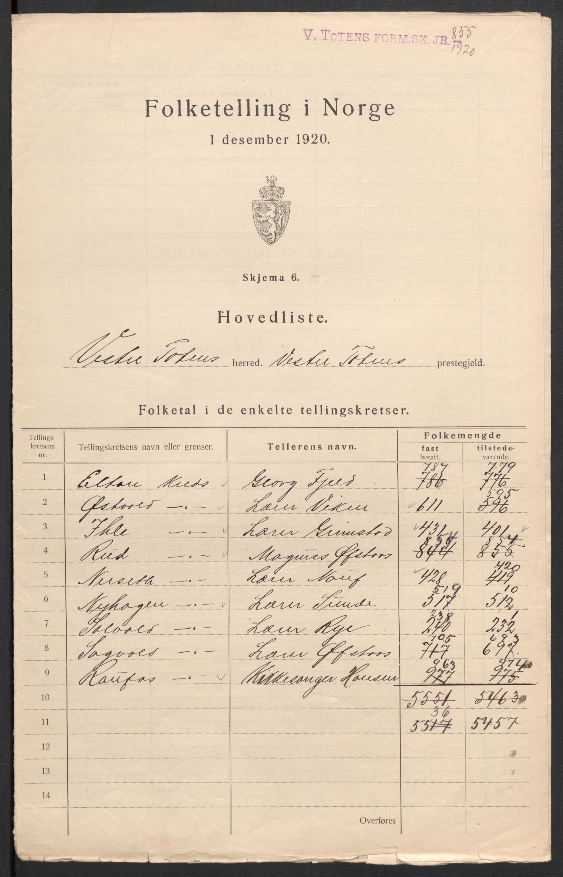 SAH, 1920 census for Vestre Toten, 1920, p. 5