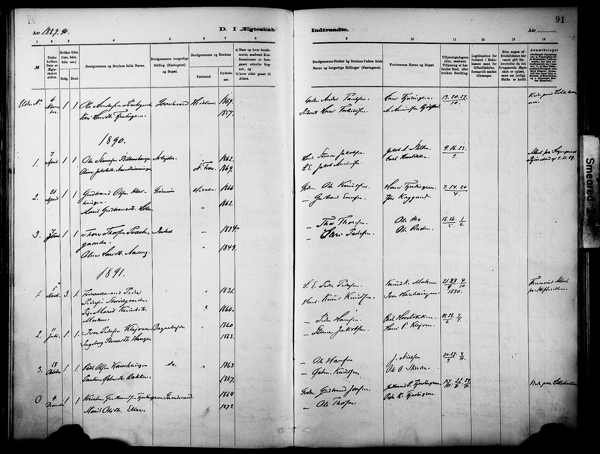 Vågå prestekontor, SAH/PREST-076/H/Ha/Haa/L0010: Parish register (official) no. 10, 1887-1904, p. 91