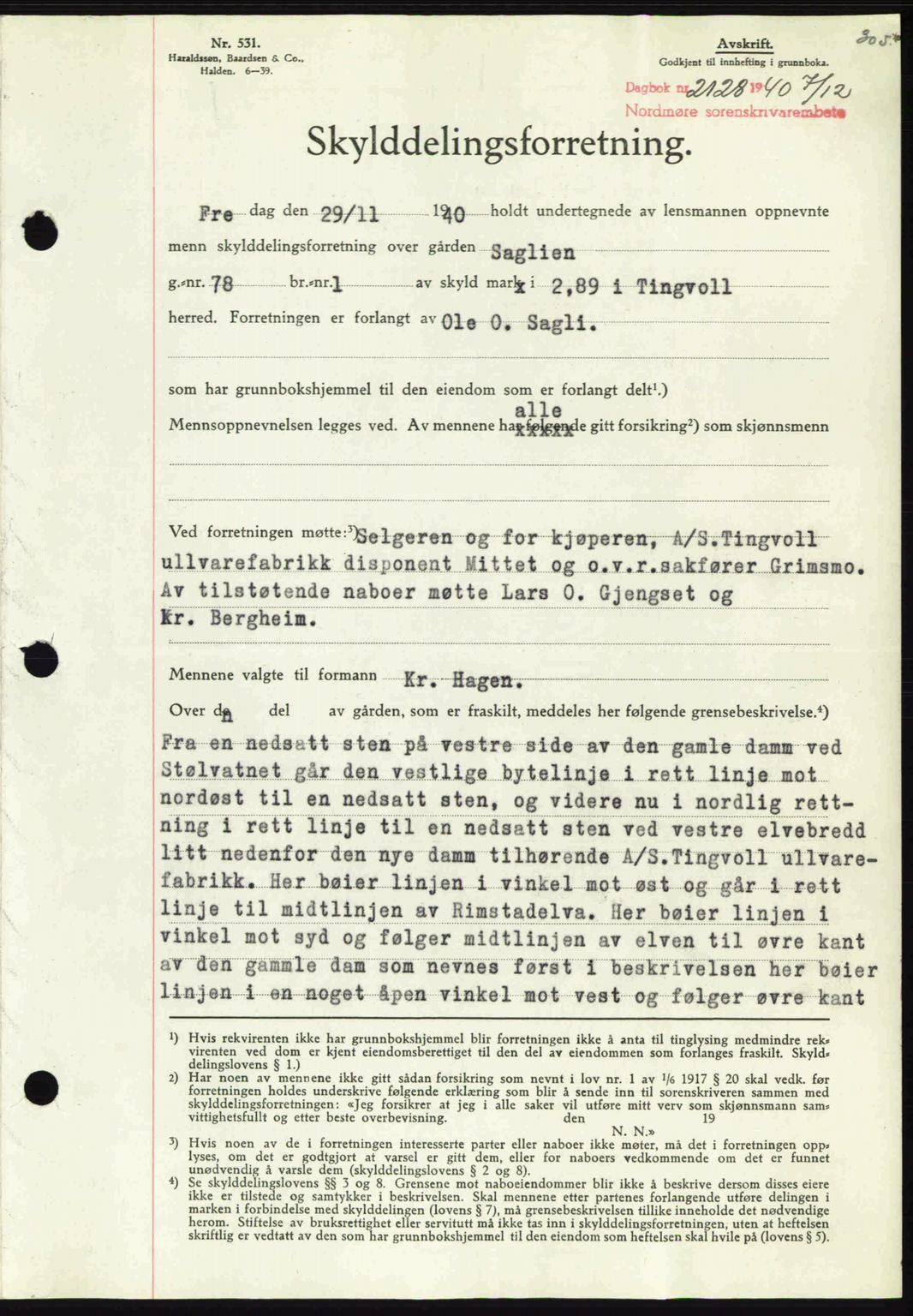 Nordmøre sorenskriveri, SAT/A-4132/1/2/2Ca: Mortgage book no. A89, 1940-1941, Diary no: : 2128/1940