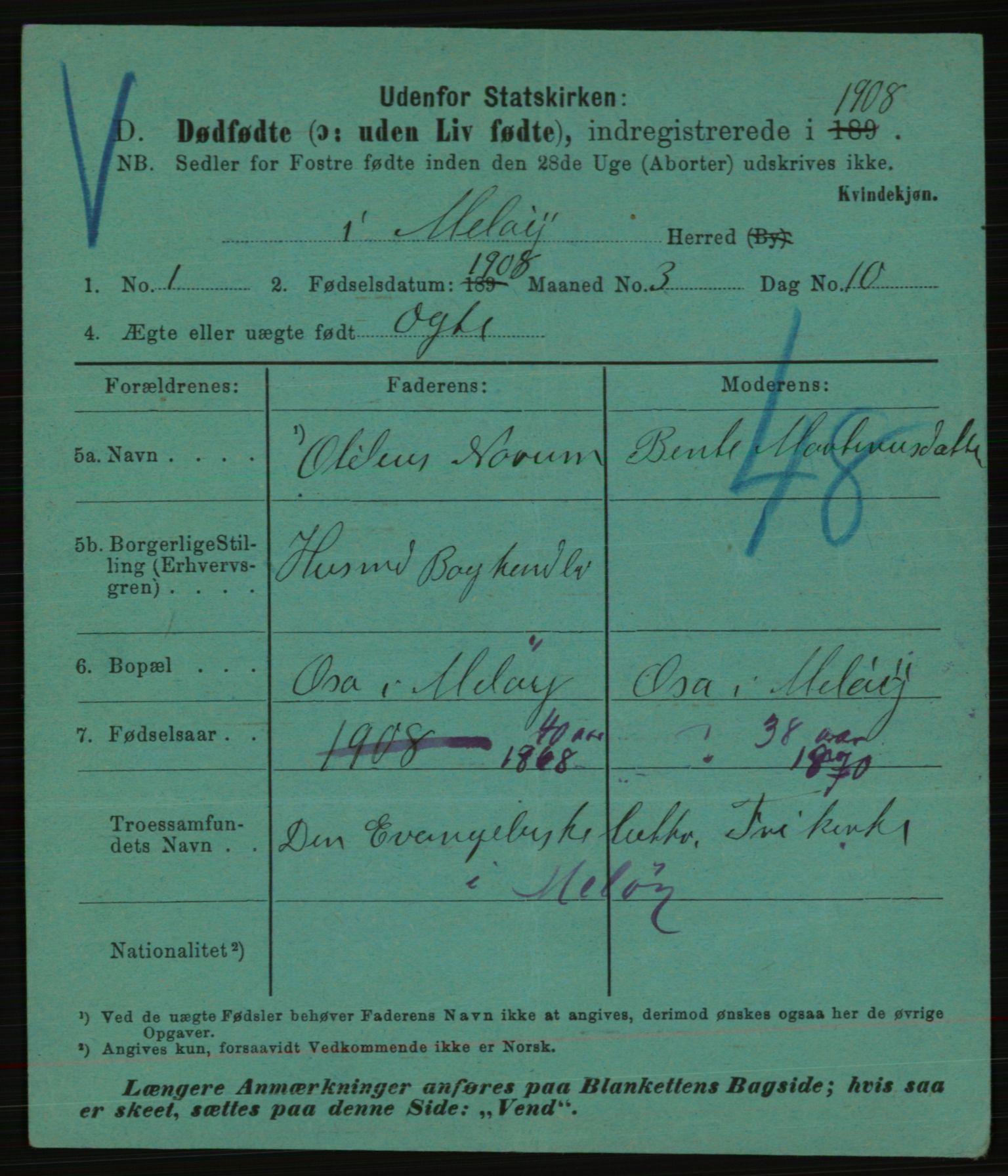 Statistisk sentralbyrå, Sosiodemografiske emner, Befolkning, AV/RA-S-2228/E/L0006: Fødte, gifte, døde dissentere., 1908, p. 3227