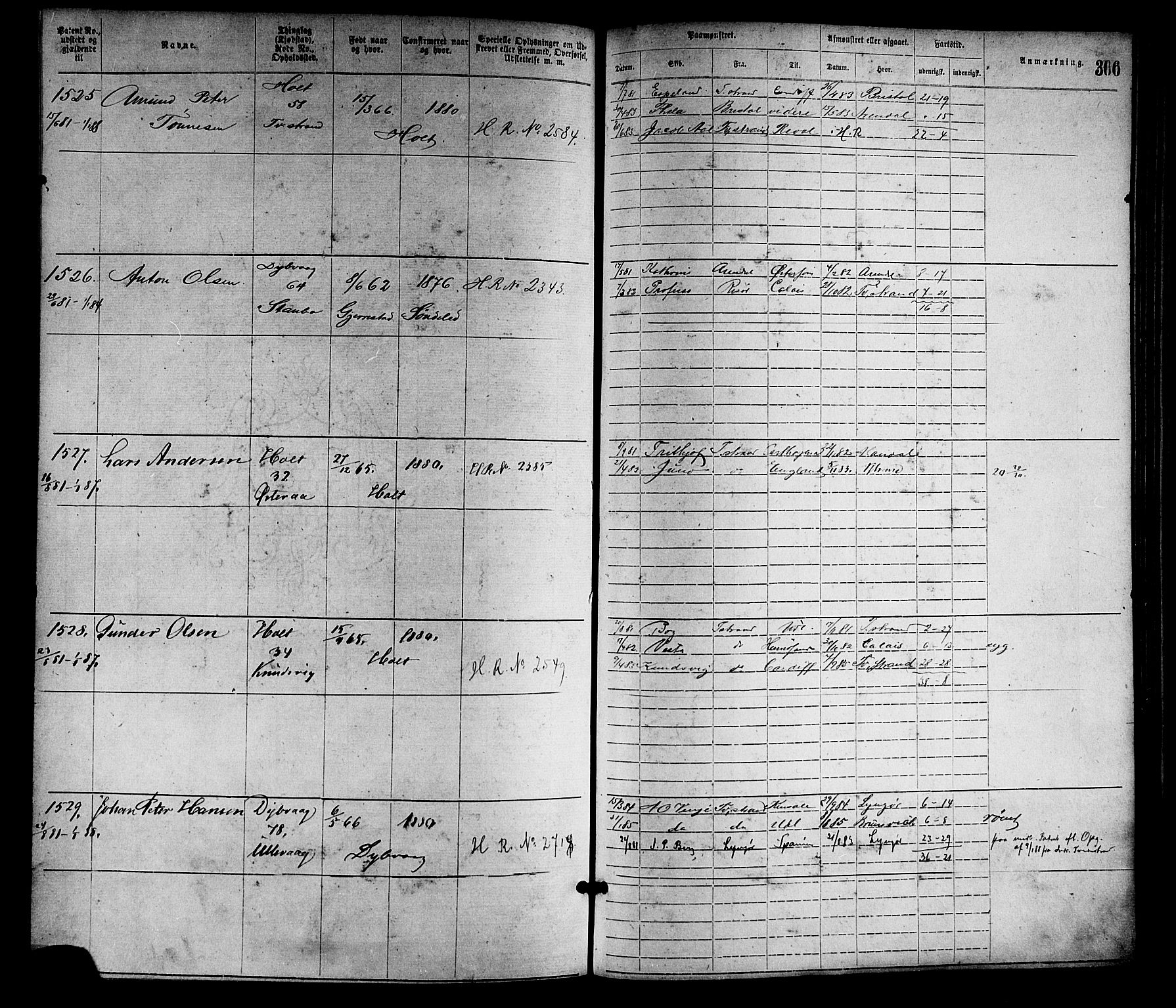Tvedestrand mønstringskrets, SAK/2031-0011/F/Fa/L0001: Annotasjonsrulle nr 1-1905 med register, R-1, 1866-1886, p. 331