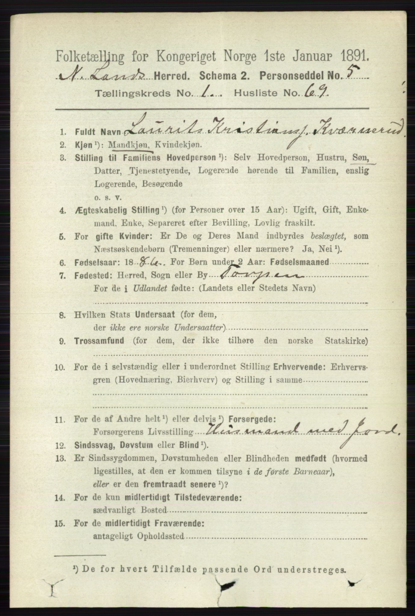 RA, 1891 census for 0538 Nordre Land, 1891, p. 527