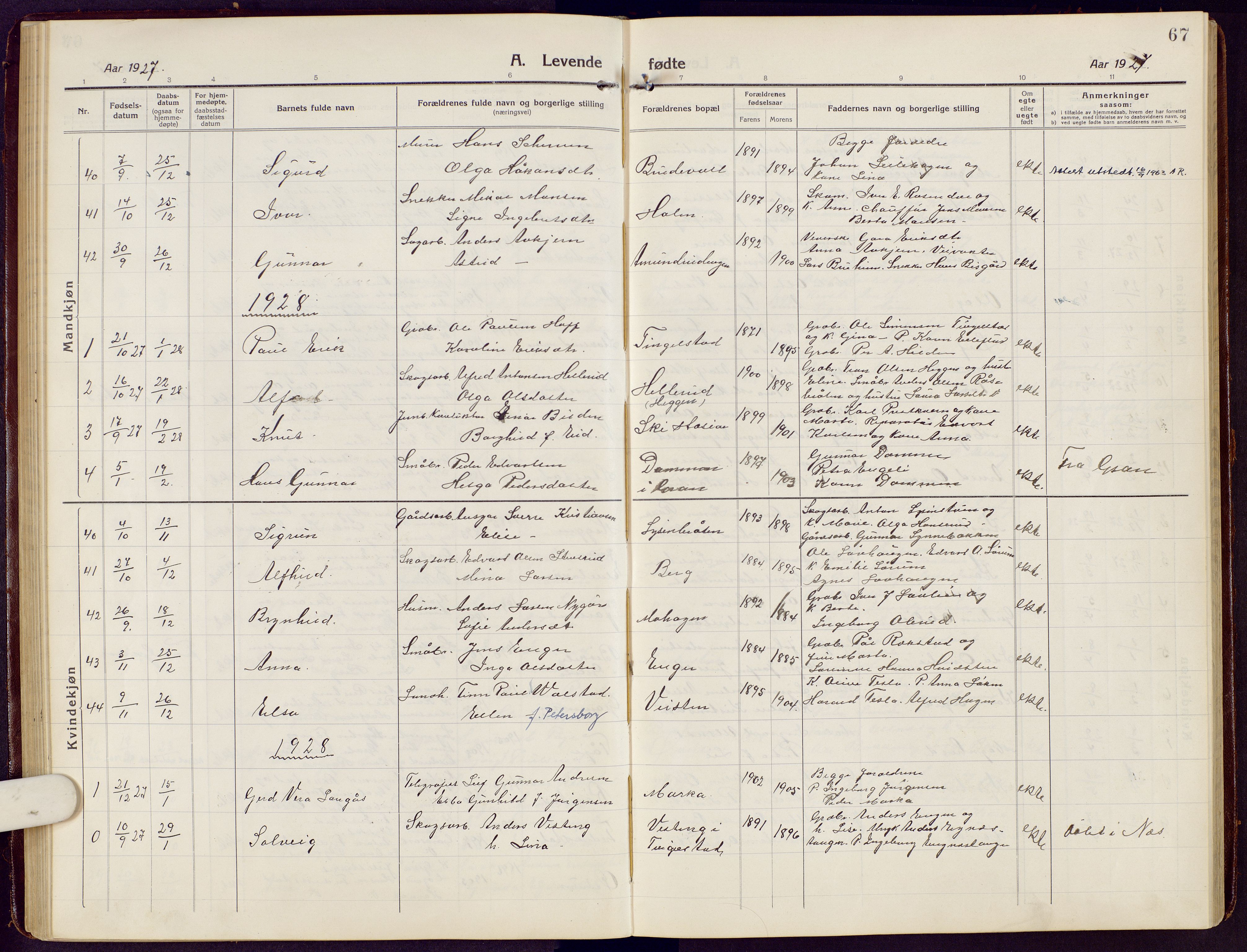 Brandbu prestekontor, SAH/PREST-114/H/Ha/Hab/L0010: Parish register (copy) no. 10, 1916-1930, p. 67
