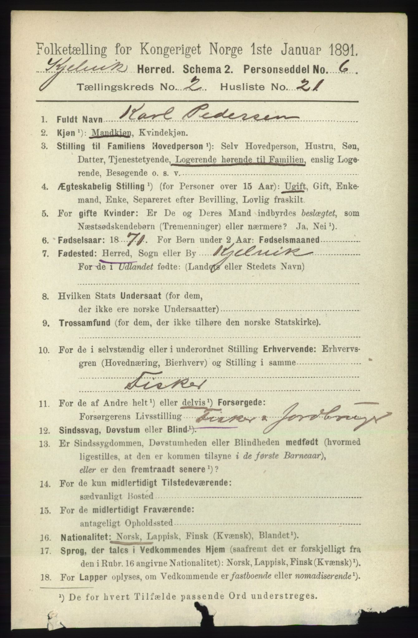 RA, 1891 census for 2019 Kjelvik, 1891, p. 213