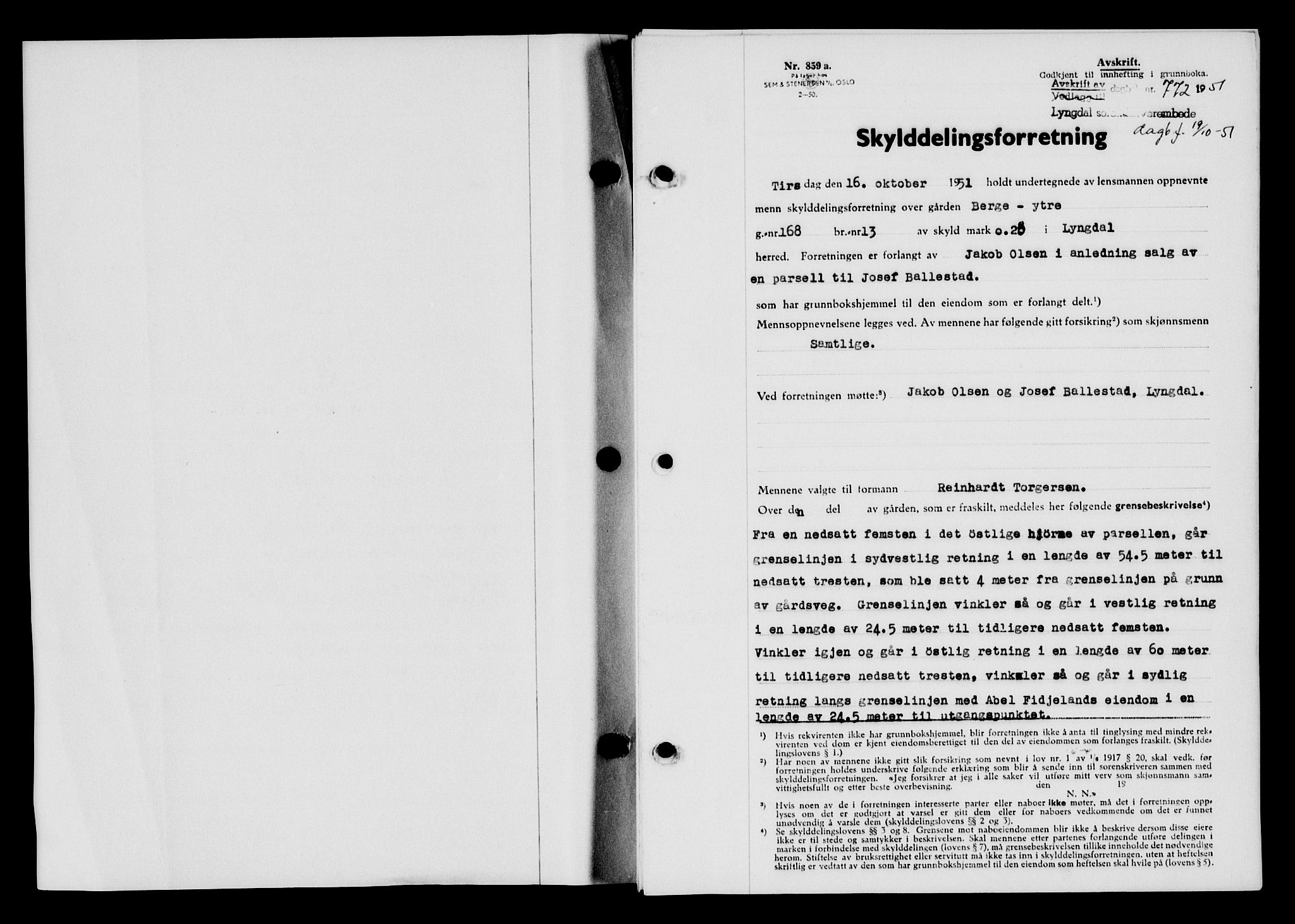 Lyngdal sorenskriveri, AV/SAK-1221-0004/G/Gb/L0667: Mortgage book no. A XIII, 1951-1952, Diary no: : 772/1951