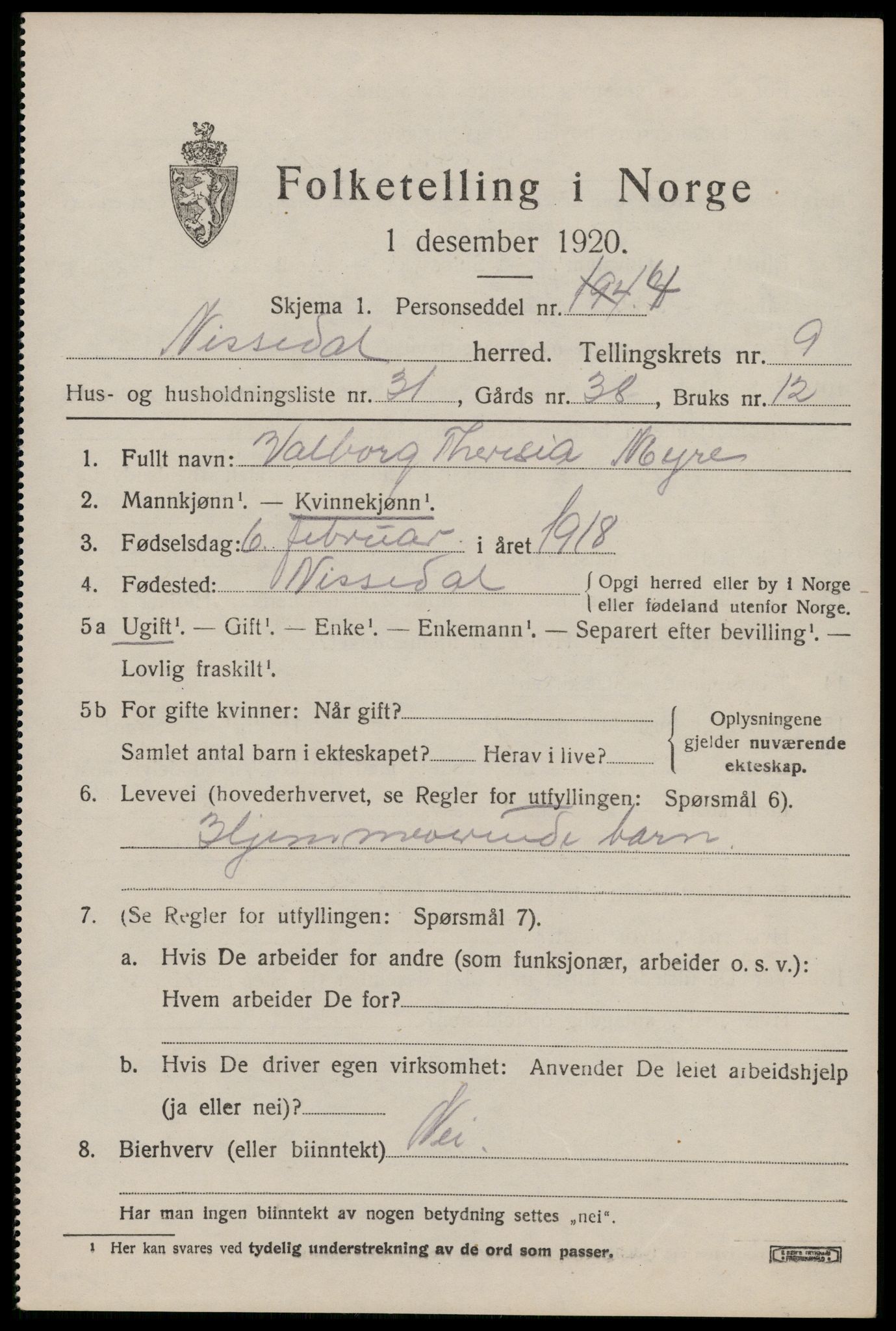 SAKO, 1920 census for Nissedal, 1920, p. 3883