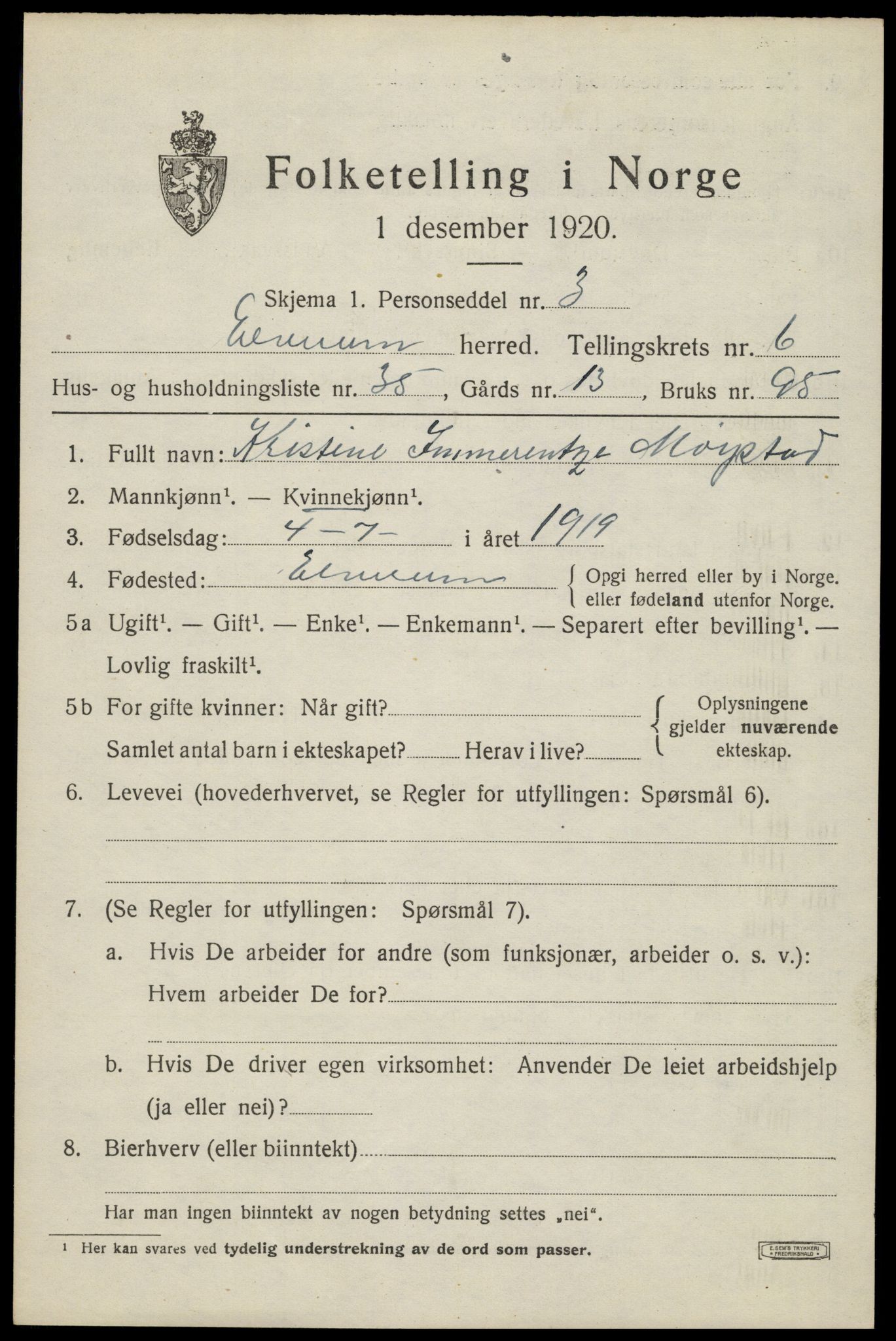 SAH, 1920 census for Elverum, 1920, p. 9704