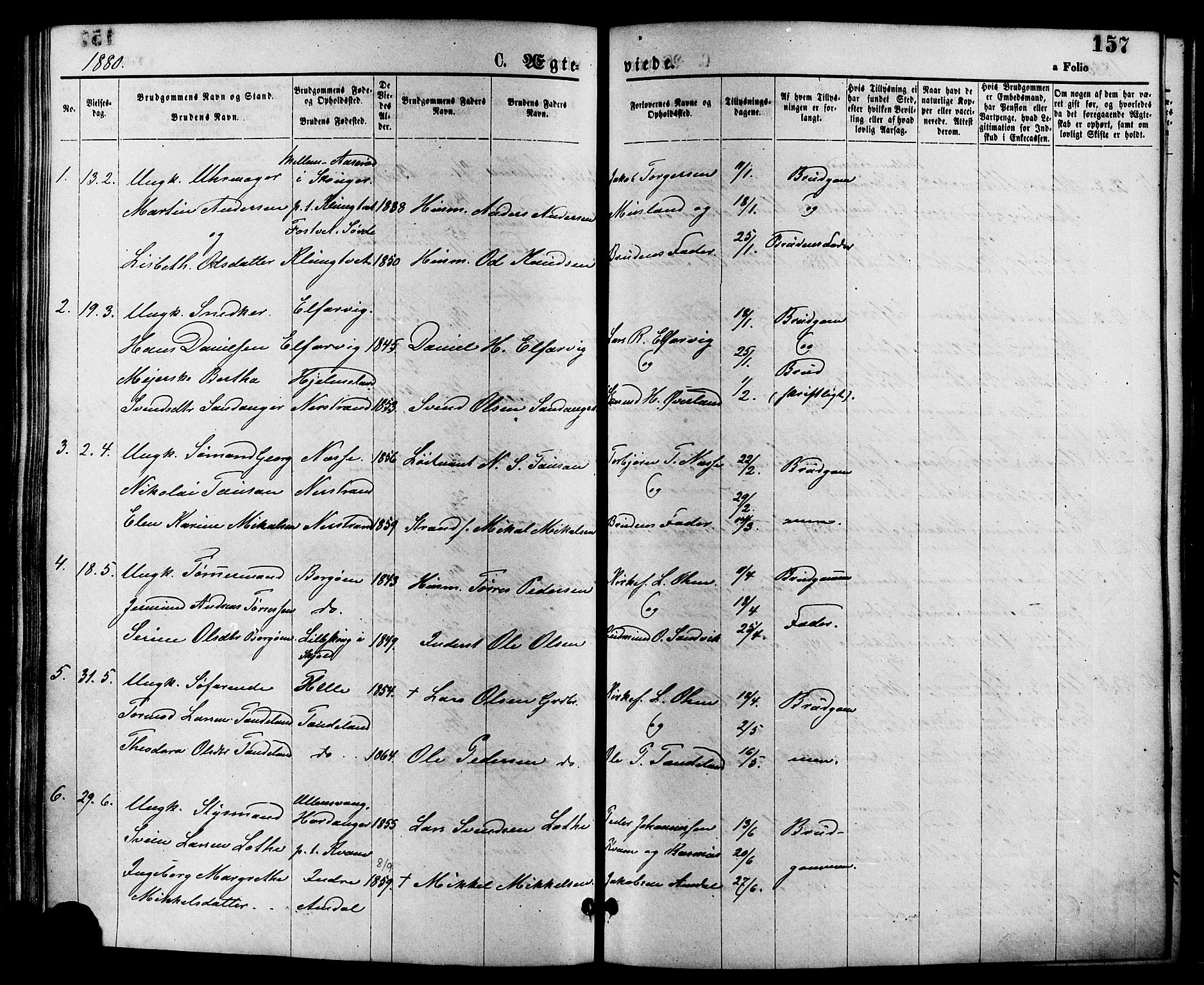 Nedstrand sokneprestkontor, SAST/A-101841/01/IV: Parish register (official) no. A 11, 1877-1887, p. 157