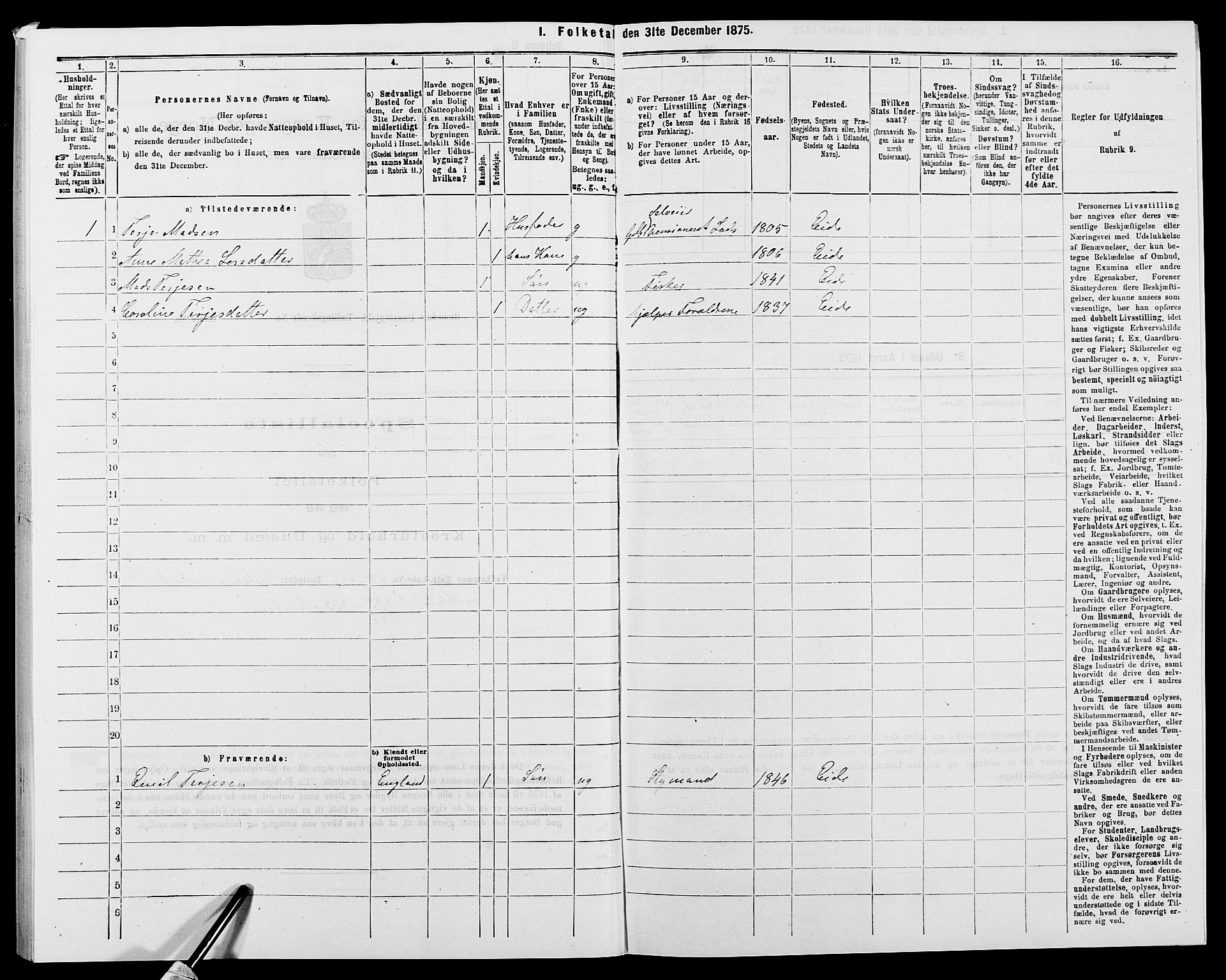 SAK, 1875 census for 0924P Homedal, 1875, p. 209