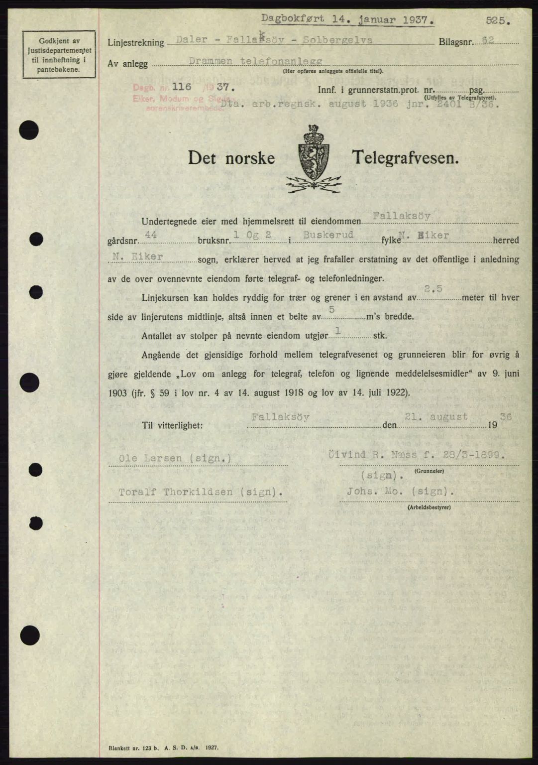 Eiker, Modum og Sigdal sorenskriveri, SAKO/A-123/G/Ga/Gab/L0034: Mortgage book no. A4, 1936-1937, Diary no: : 116/1937