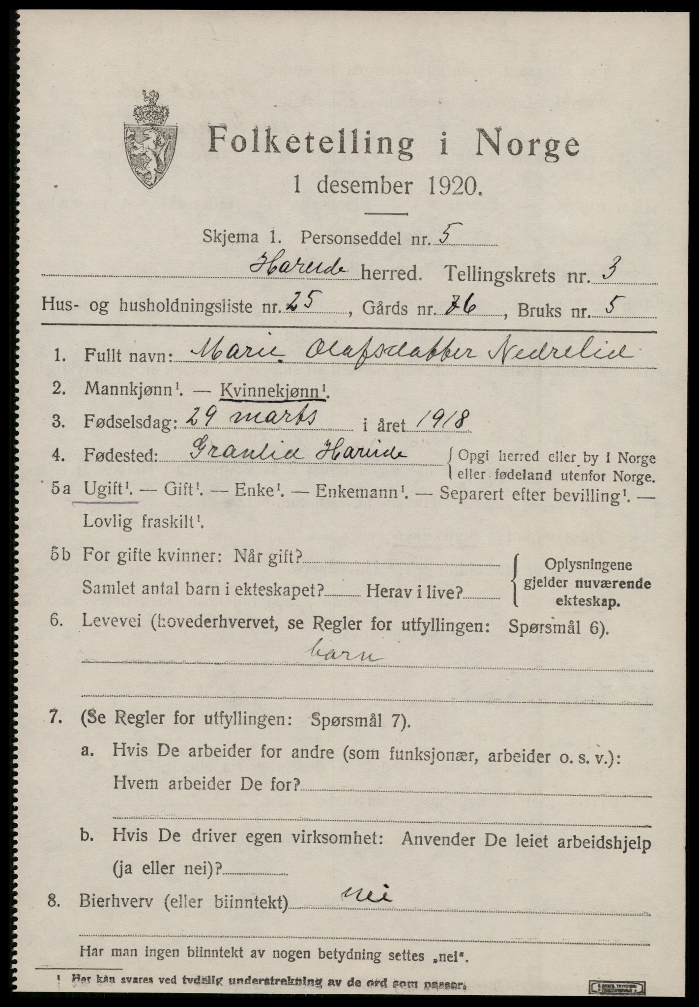 SAT, 1920 census for Hareid, 1920, p. 1677