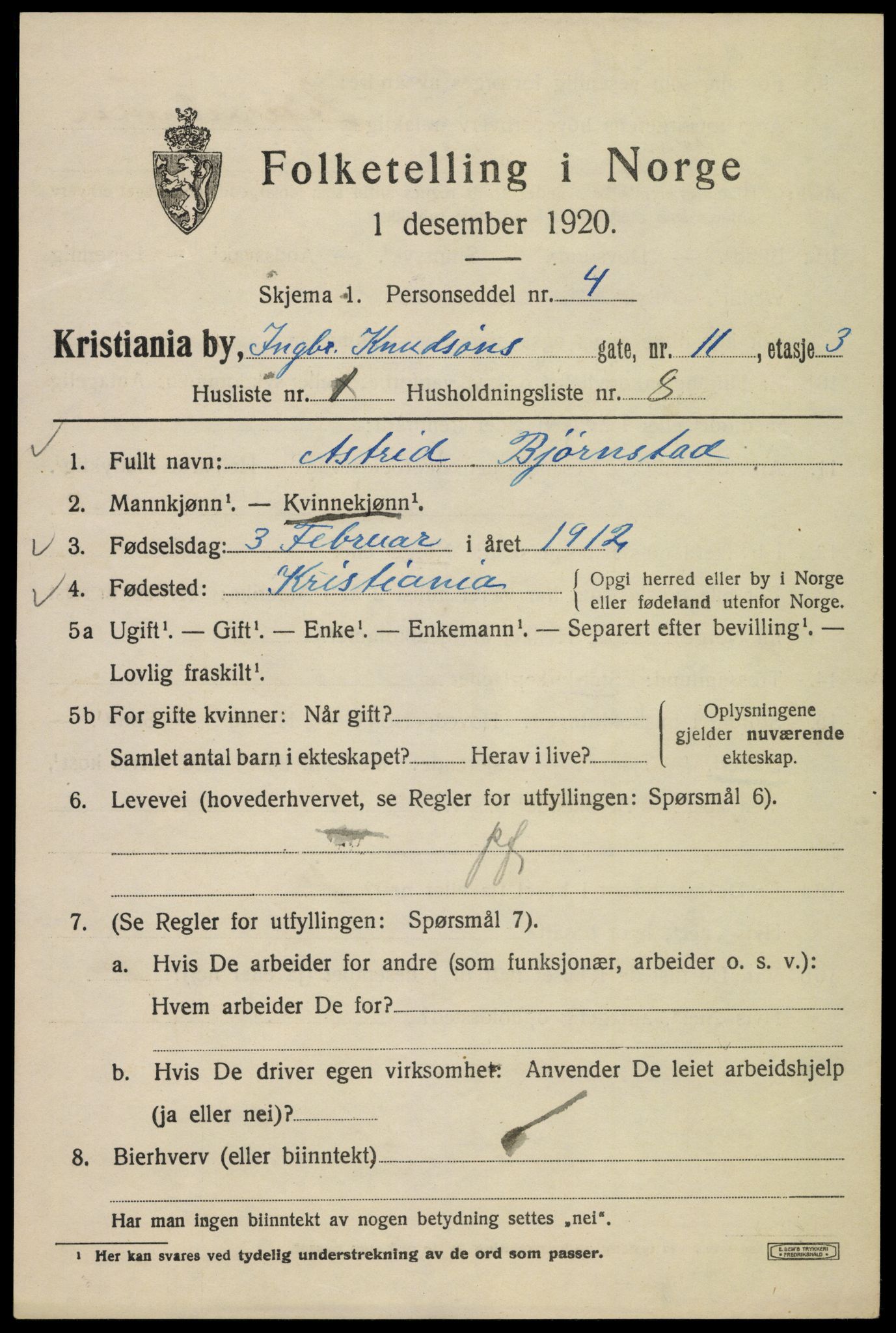 SAO, 1920 census for Kristiania, 1920, p. 309863