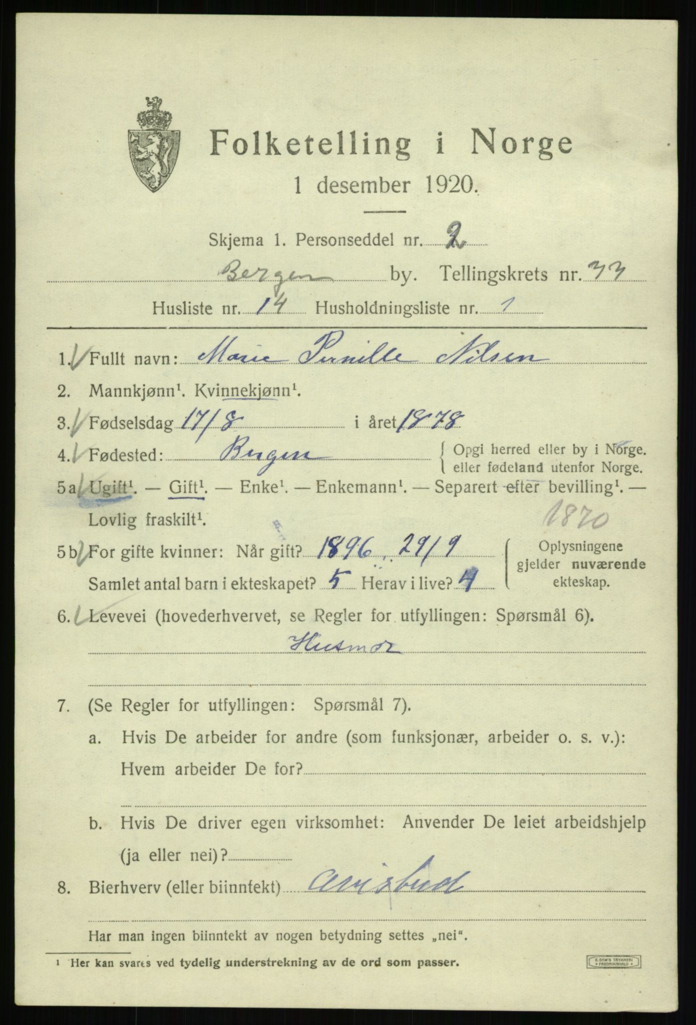 SAB, 1920 census for Bergen, 1920, p. 147975