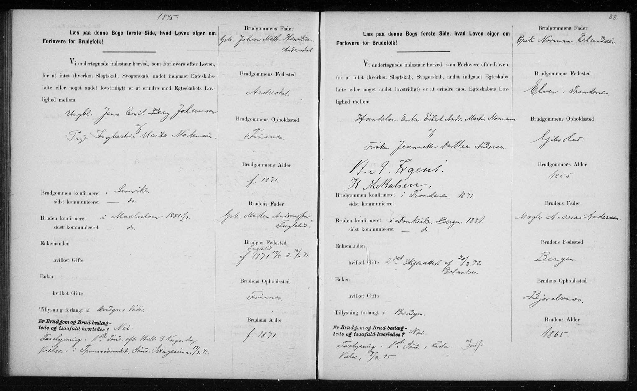 Lenvik sokneprestembete, SATØ/S-1310/I/Ie/L0129: Banns register no. 129, 1890-1895, p. 88