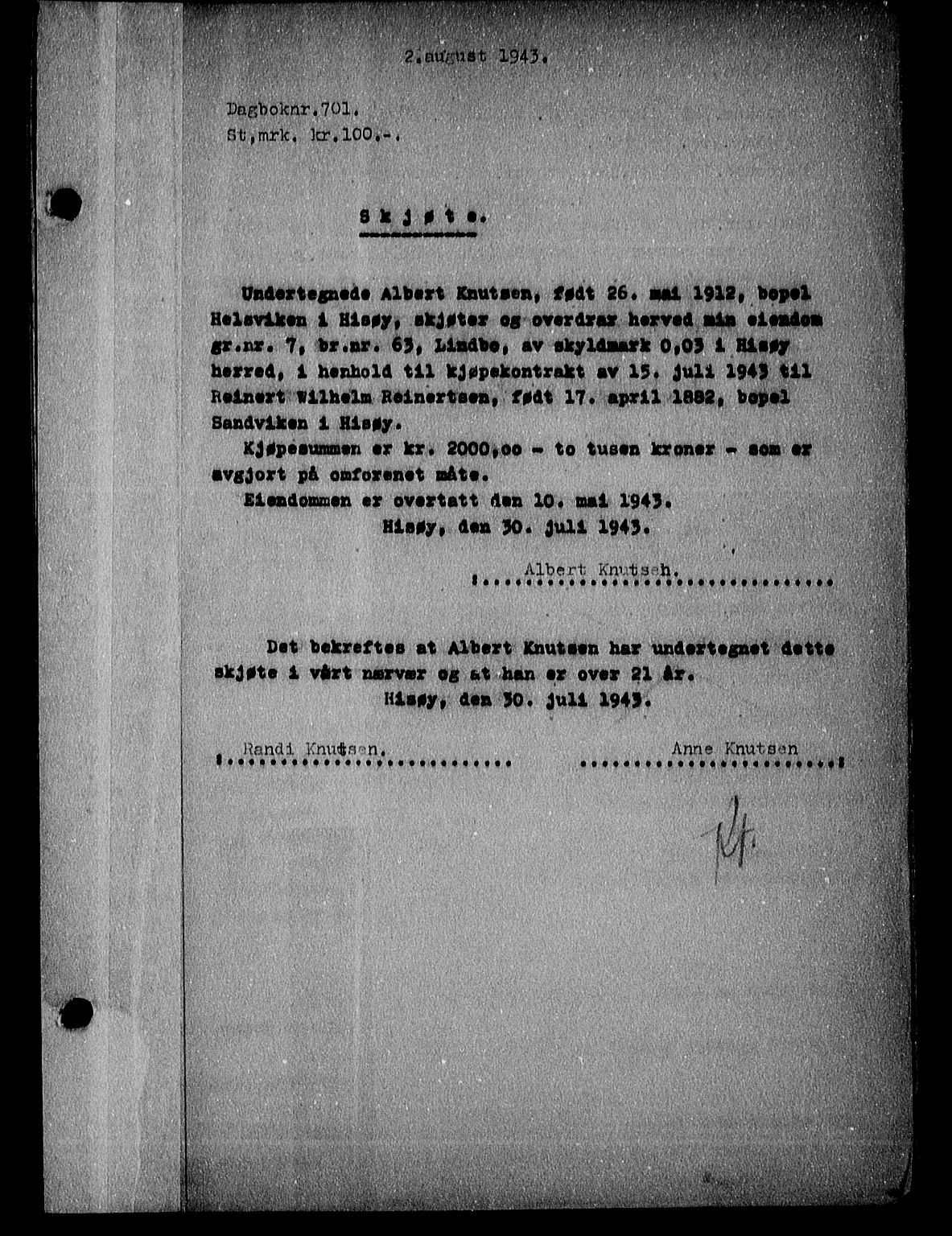 Nedenes sorenskriveri, SAK/1221-0006/G/Gb/Gba/L0051: Mortgage book no. A-V, 1943-1944, Diary no: : 701/1943