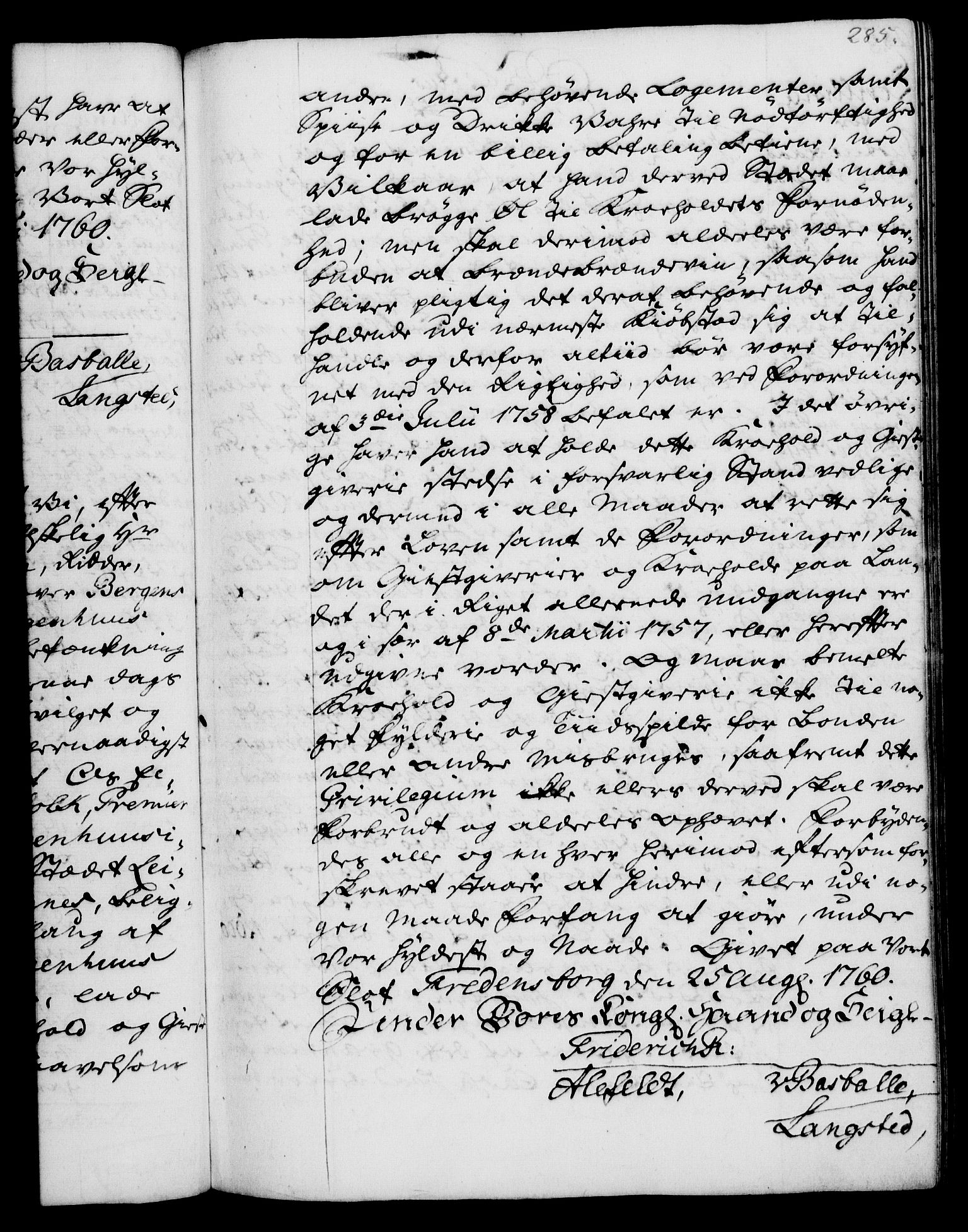 Rentekammeret, Kammerkanselliet, RA/EA-3111/G/Gg/Gga/L0007: Norsk ekspedisjonsprotokoll med register (merket RK 53.7), 1759-1768, p. 285