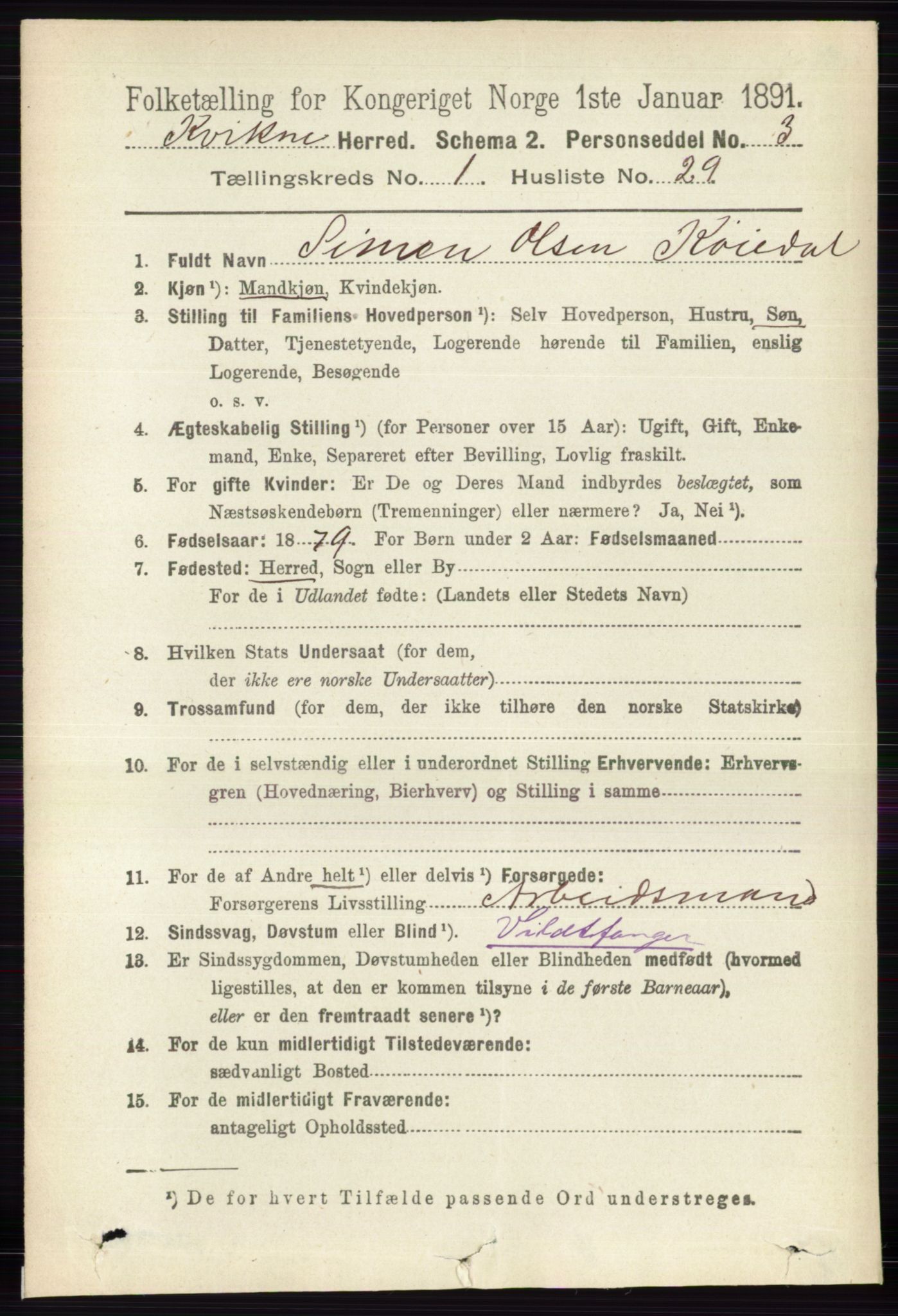 RA, 1891 census for 0440 Kvikne, 1891, p. 225