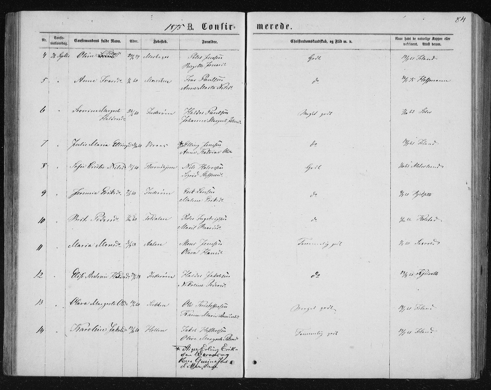 Ministerialprotokoller, klokkerbøker og fødselsregistre - Nord-Trøndelag, AV/SAT-A-1458/722/L0219: Parish register (official) no. 722A06, 1868-1880, p. 84