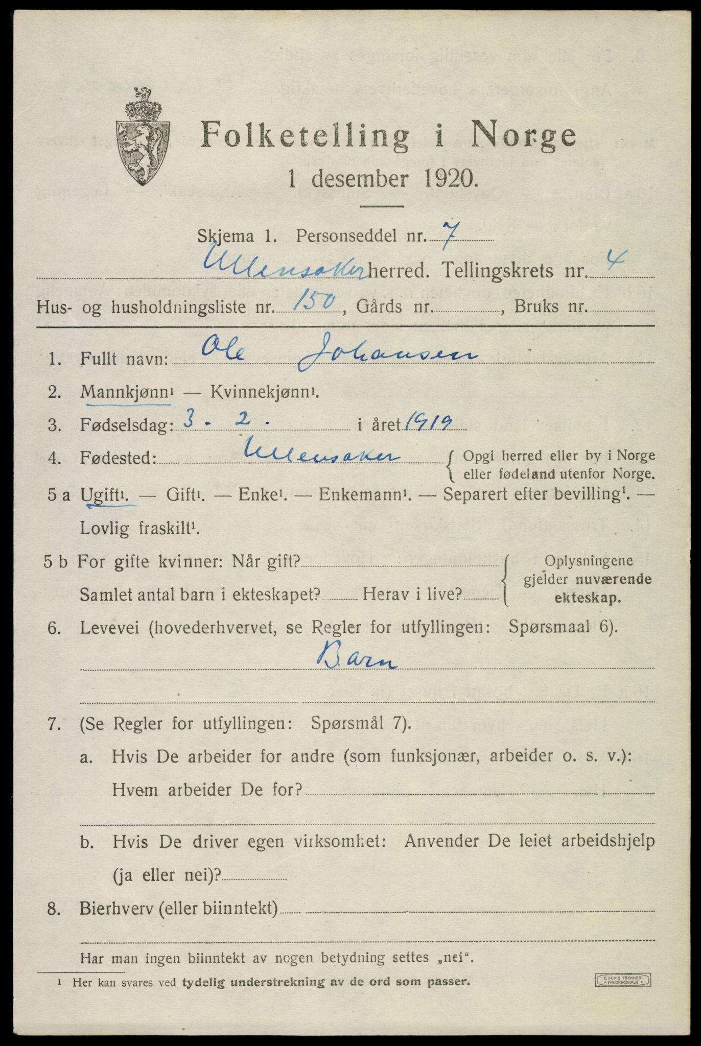 SAO, 1920 census for Ullensaker, 1920, p. 9037