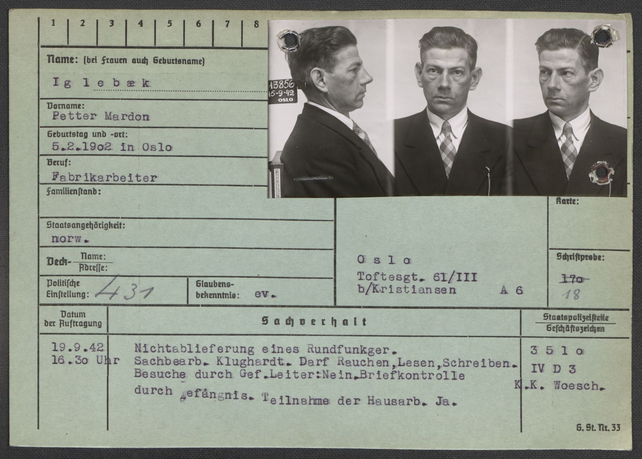 Befehlshaber der Sicherheitspolizei und des SD, RA/RAFA-5969/E/Ea/Eaa/L0005: Register over norske fanger i Møllergata 19: Hø-Kj, 1940-1945, p. 112