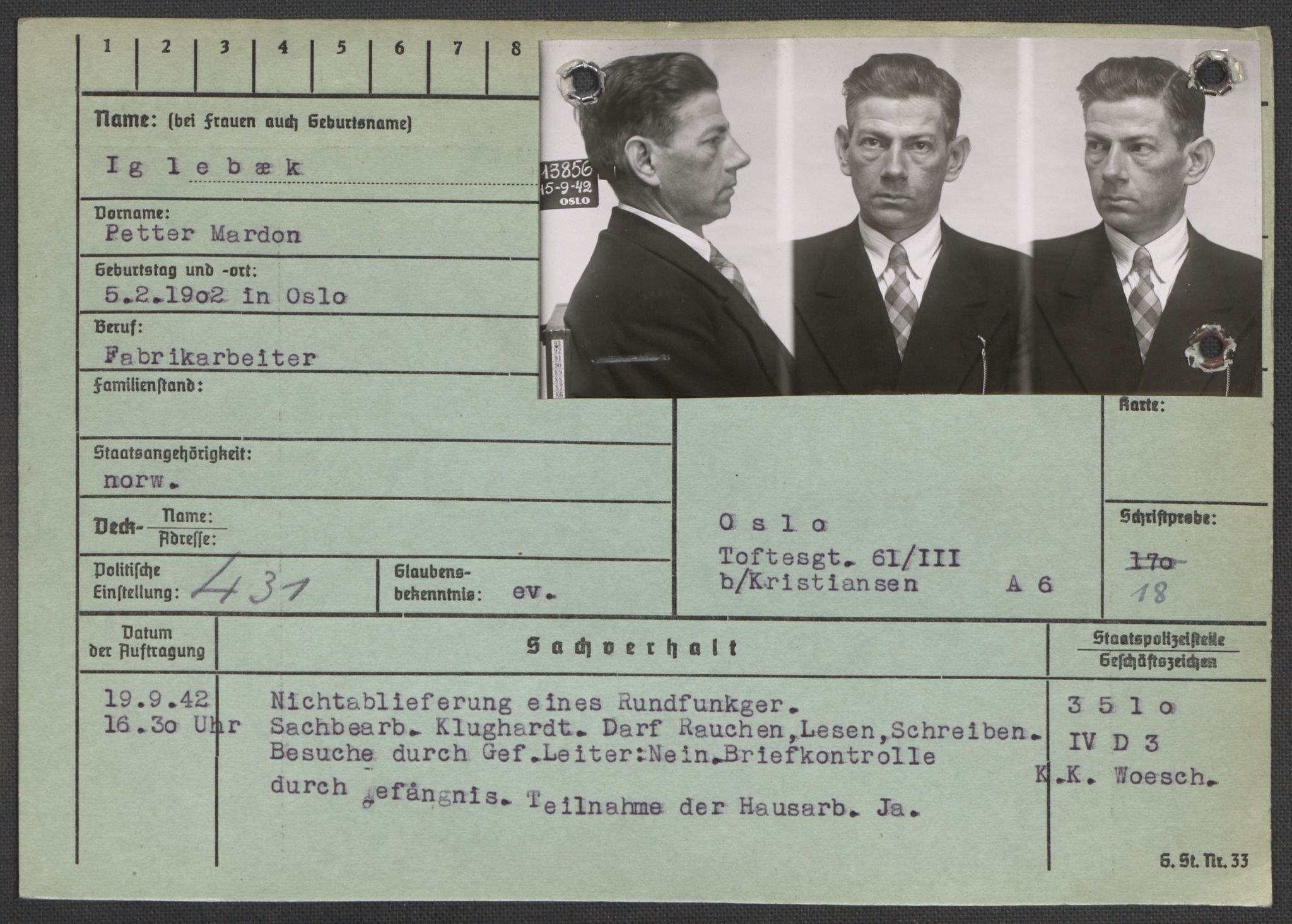 Befehlshaber der Sicherheitspolizei und des SD, AV/RA-RAFA-5969/E/Ea/Eaa/L0005: Register over norske fanger i Møllergata 19: Hø-Kj, 1940-1945, p. 112