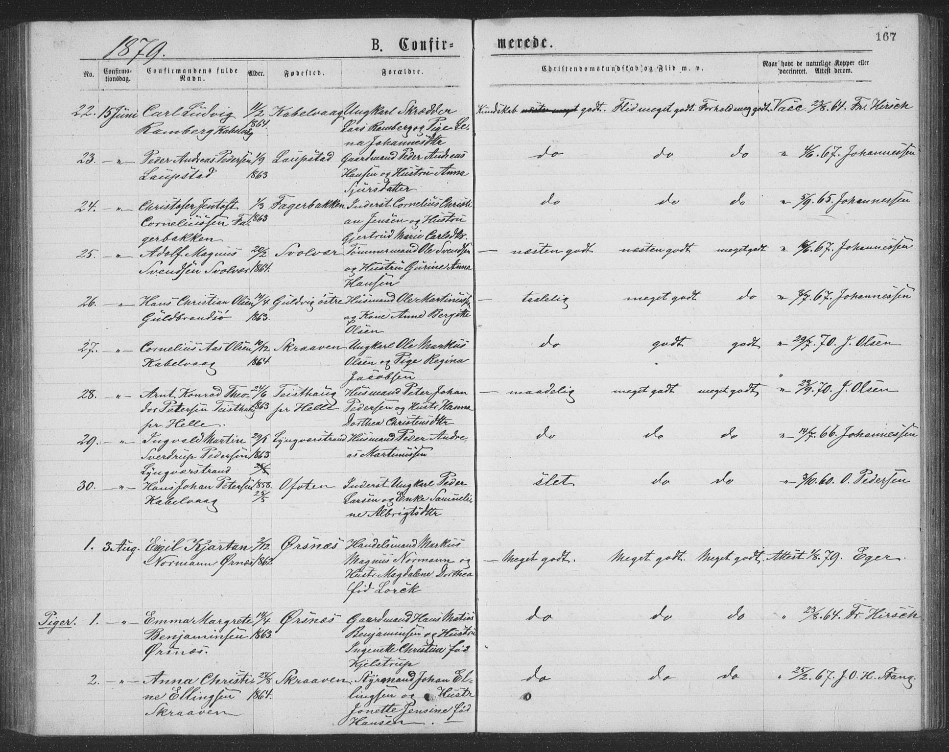 Ministerialprotokoller, klokkerbøker og fødselsregistre - Nordland, AV/SAT-A-1459/874/L1075: Parish register (copy) no. 874C04, 1876-1883, p. 167