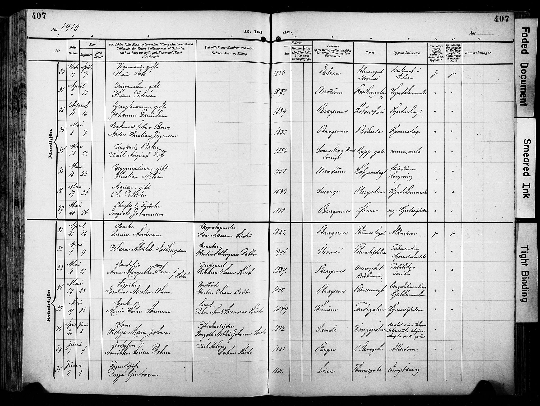 Bragernes kirkebøker, AV/SAKO-A-6/F/Fb/L0009: Parish register (official) no. II 9, 1902-1911, p. 407