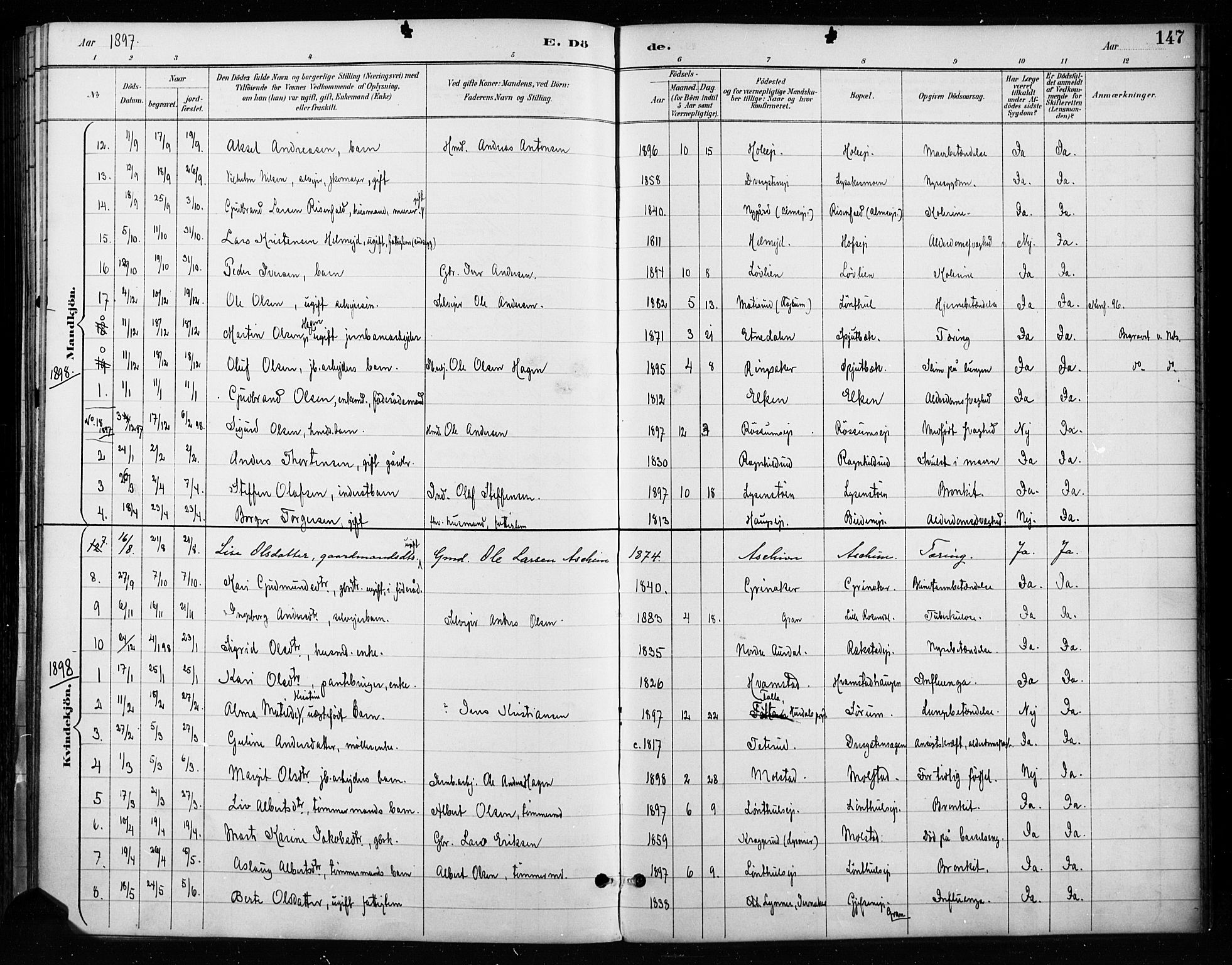 Gran prestekontor, SAH/PREST-112/H/Ha/Haa/L0018: Parish register (official) no. 18, 1889-1899, p. 147