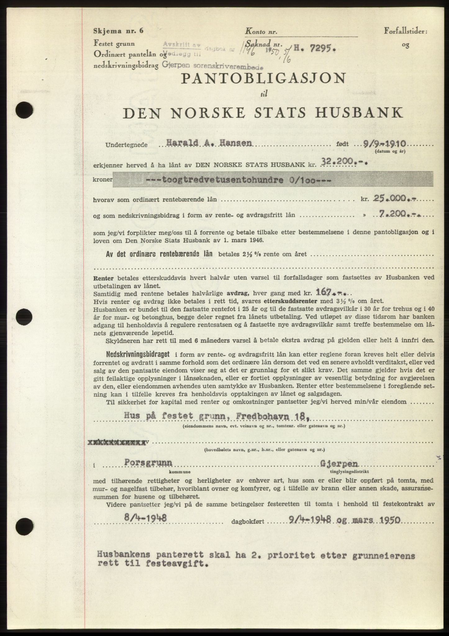 Gjerpen sorenskriveri, AV/SAKO-A-216/G/Ga/Gaf/L0009: Mortgage book no. B-84 - B-85, 1950-1950, Diary no: : 1196/1950