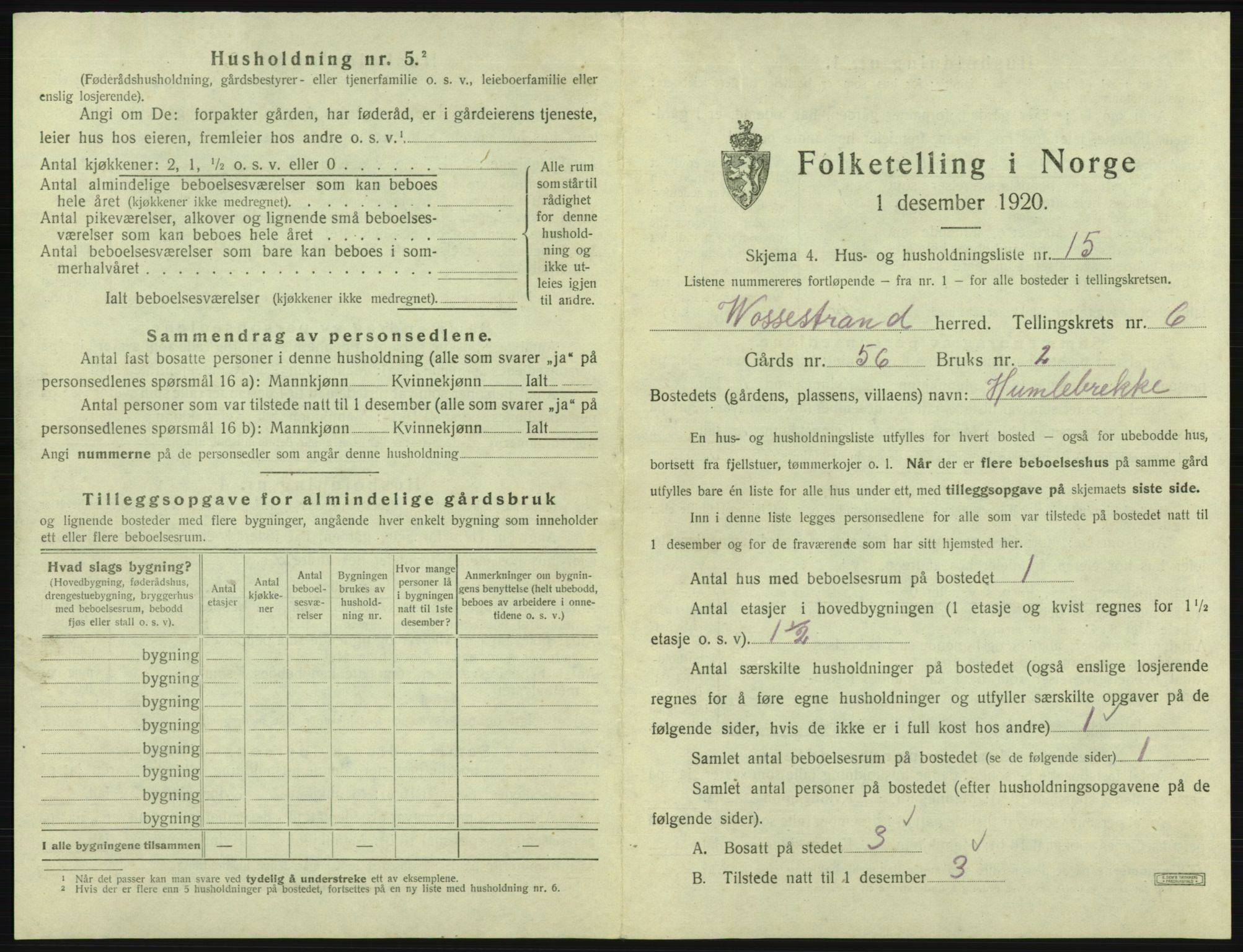 SAB, 1920 census for Vossestrand, 1920, p. 442