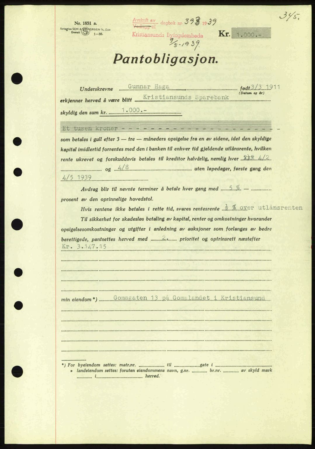 Kristiansund byfogd, SAT/A-4587/A/27: Mortgage book no. 31, 1938-1939, Diary no: : 393/1939
