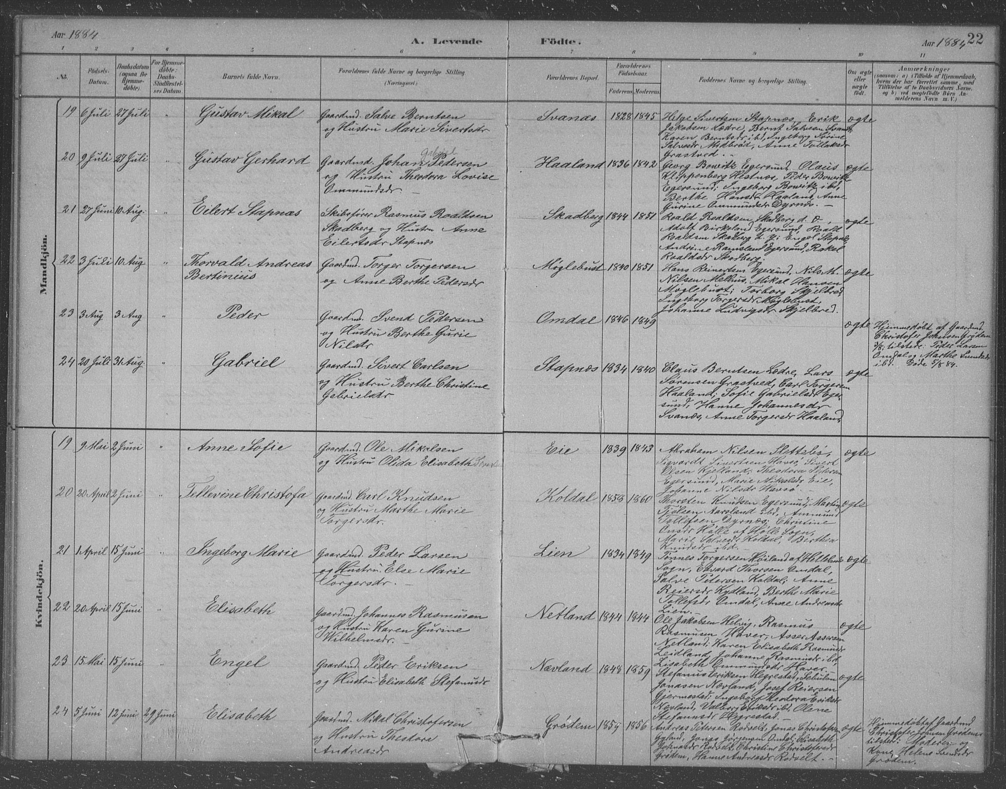 Eigersund sokneprestkontor, AV/SAST-A-101807/S09/L0007: Parish register (copy) no. B 7, 1882-1892, p. 22