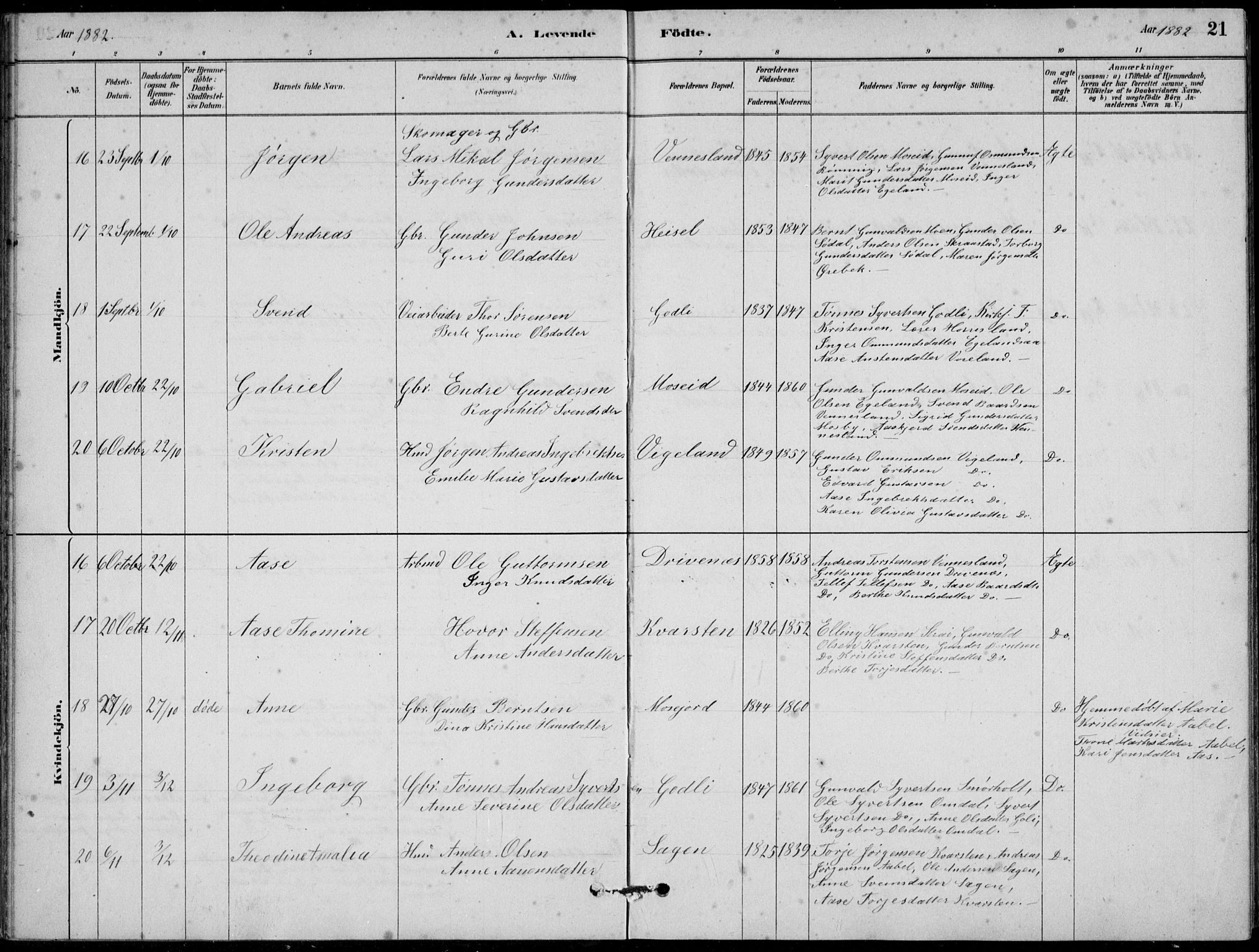 Vennesla sokneprestkontor, AV/SAK-1111-0045/Fb/Fbb/L0003: Parish register (copy) no. B 3, 1879-1893, p. 21