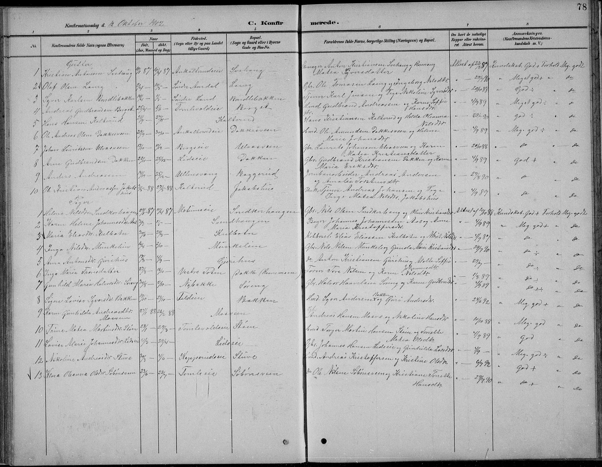 Nordre Land prestekontor, SAH/PREST-124/H/Ha/Hab/L0013: Parish register (copy) no. 13, 1891-1904, p. 78
