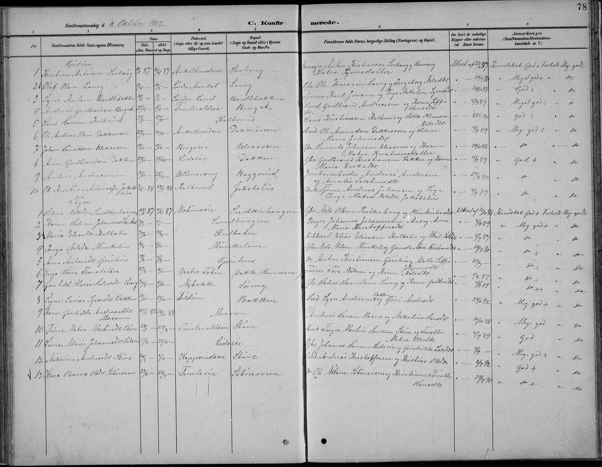 Nordre Land prestekontor, AV/SAH-PREST-124/H/Ha/Hab/L0013: Parish register (copy) no. 13, 1891-1904, p. 78