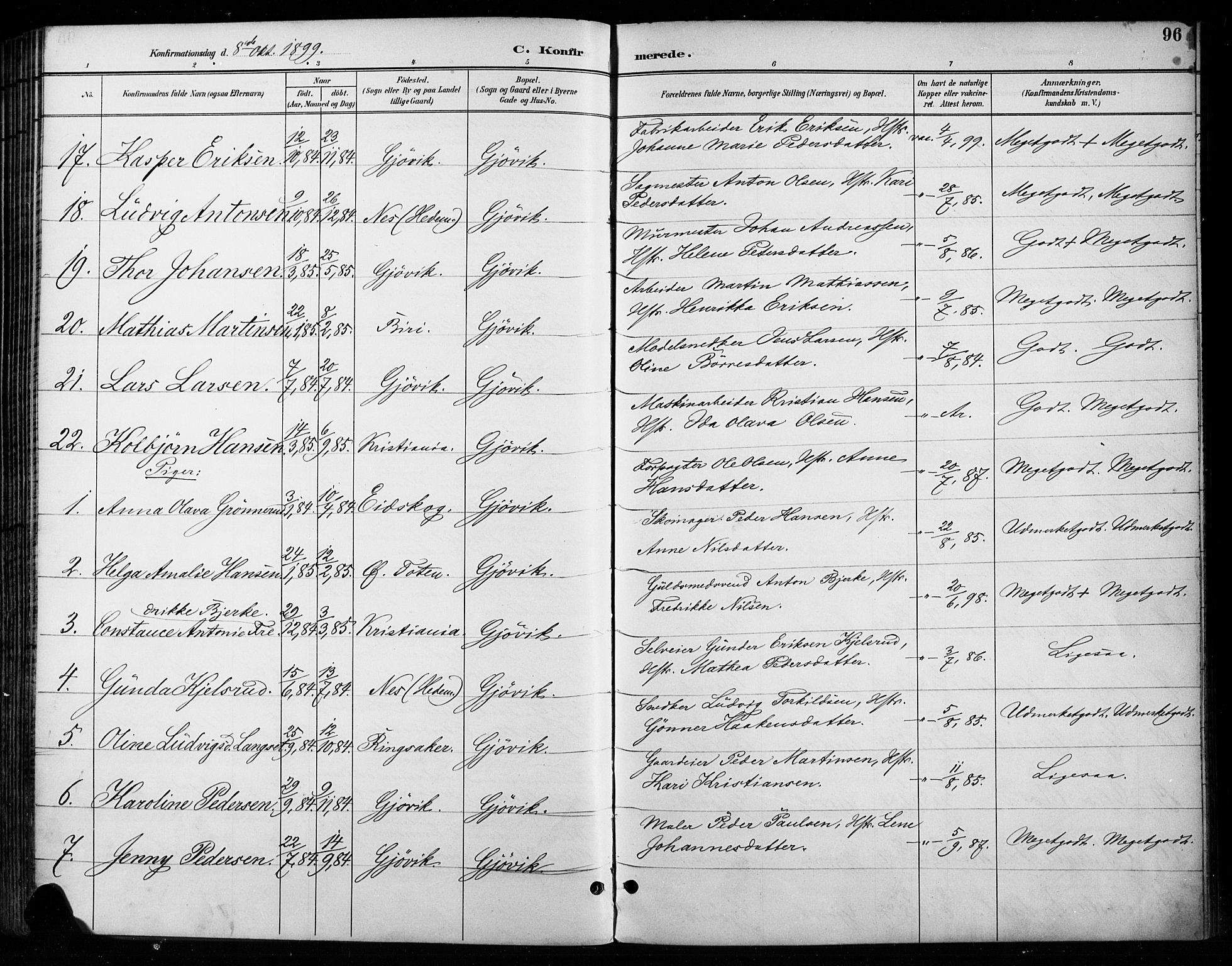 Vardal prestekontor, AV/SAH-PREST-100/H/Ha/Haa/L0011: Parish register (official) no. 11, 1891-1901, p. 96