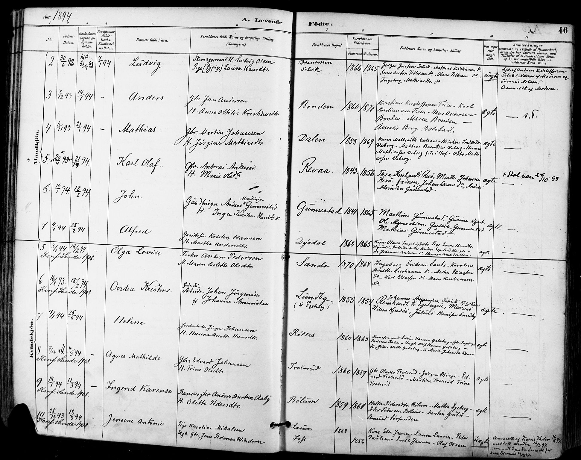 Sande Kirkebøker, SAKO/A-53/F/Fa/L0007: Parish register (official) no. 7, 1888-1903, p. 46