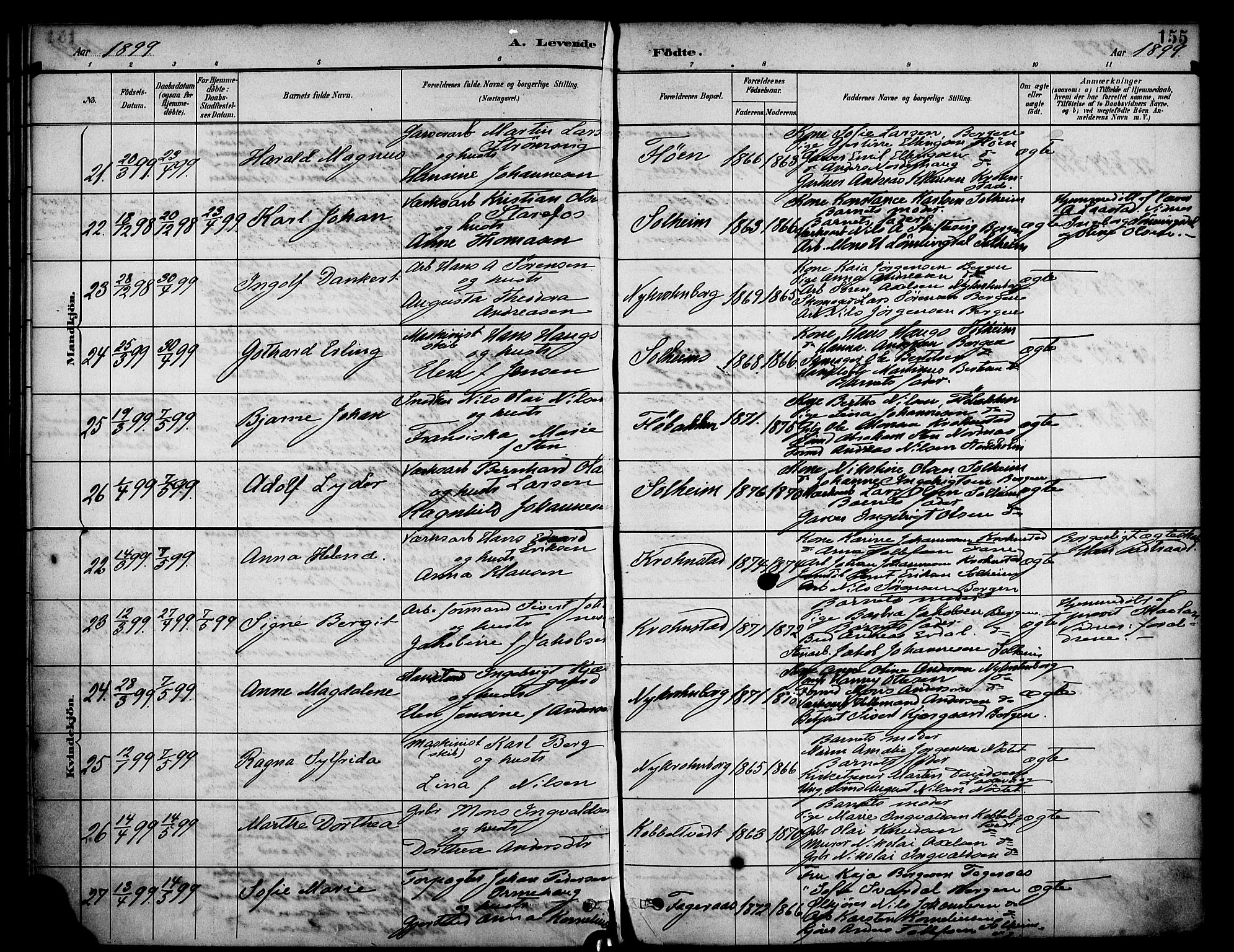 Årstad Sokneprestembete, AV/SAB-A-79301/H/Haa/L0001: Parish register (official) no. A 1, 1886-1901, p. 155