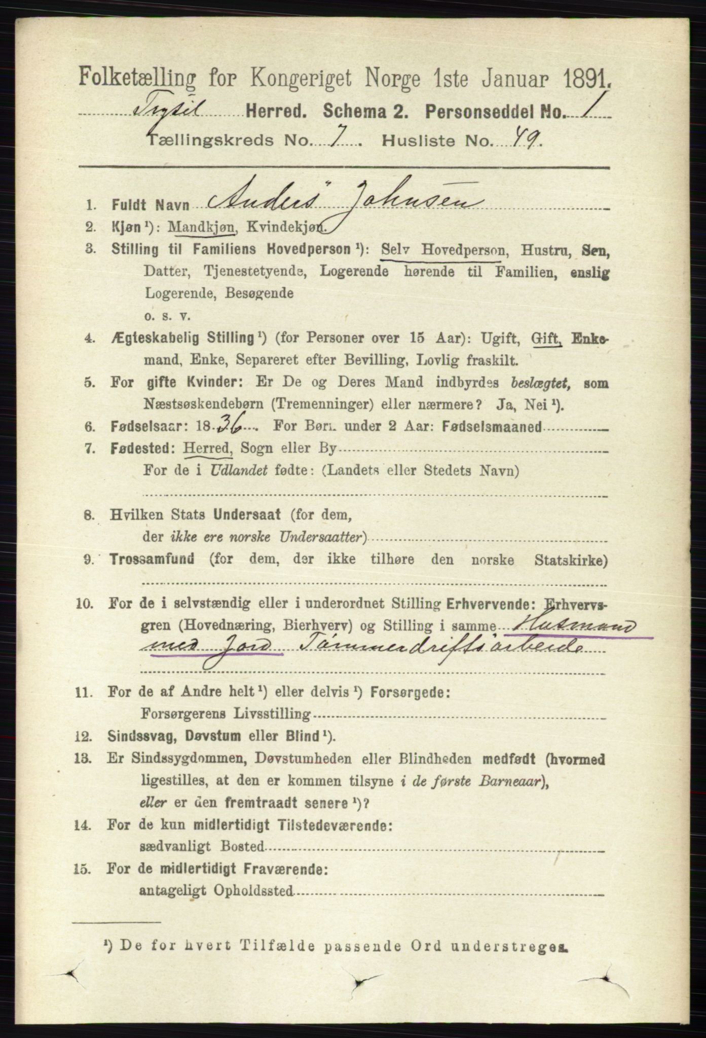 RA, 1891 census for 0428 Trysil, 1891, p. 3453