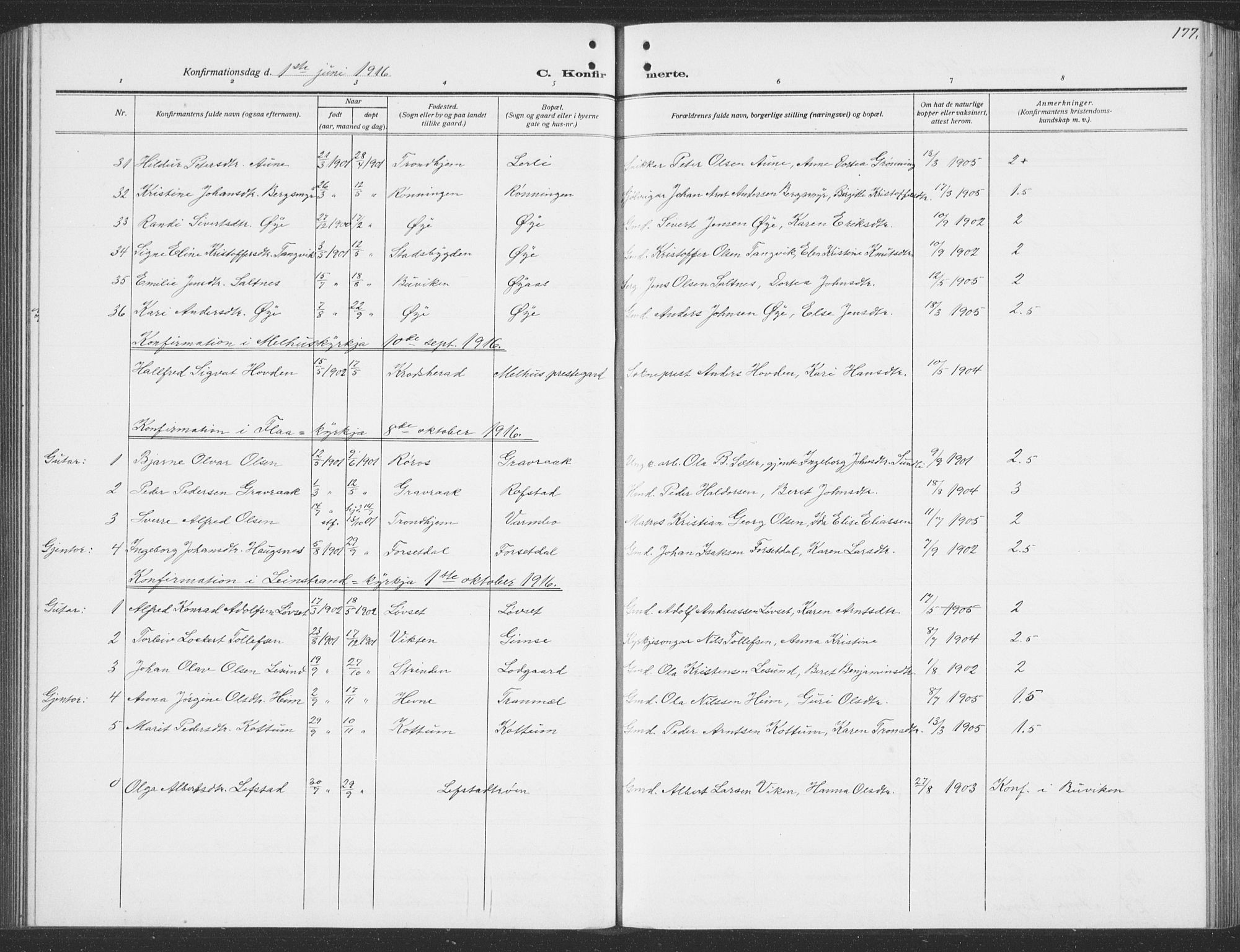 Ministerialprotokoller, klokkerbøker og fødselsregistre - Sør-Trøndelag, SAT/A-1456/691/L1095: Parish register (copy) no. 691C06, 1912-1933, p. 177
