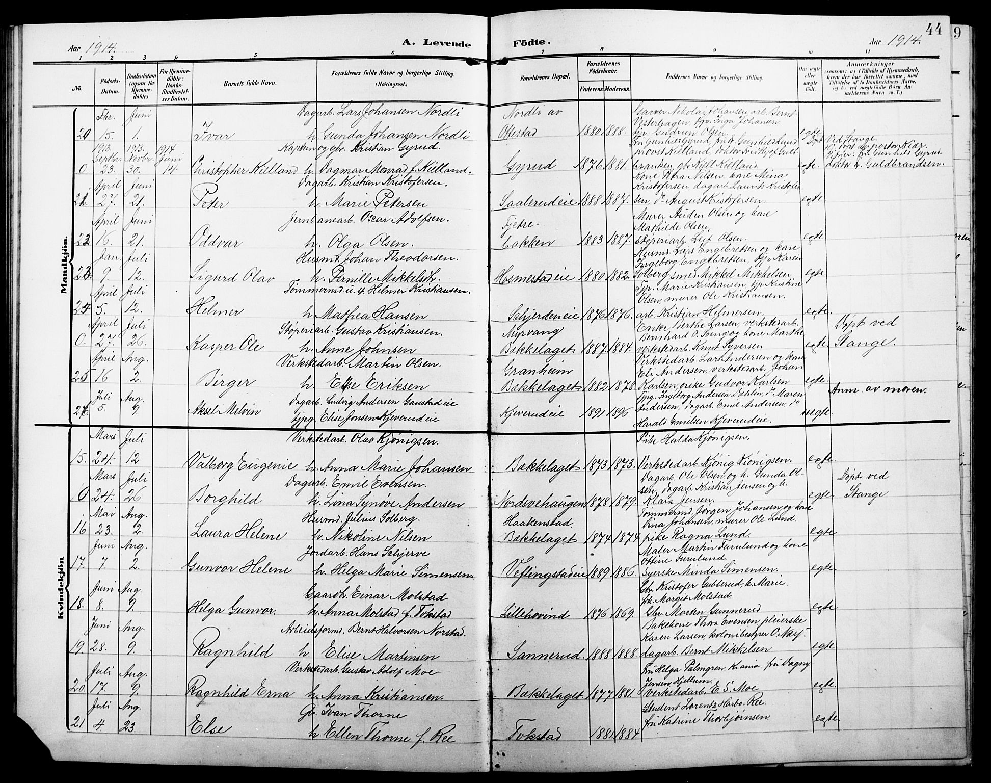 Stange prestekontor, SAH/PREST-002/L/L0013: Parish register (copy) no. 13, 1906-1915, p. 44