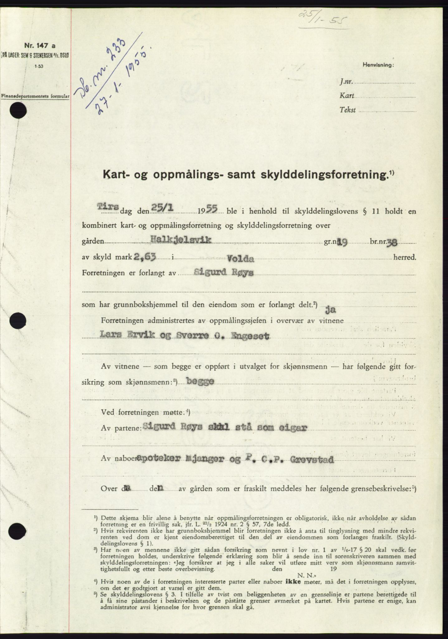 Søre Sunnmøre sorenskriveri, AV/SAT-A-4122/1/2/2C/L0100: Mortgage book no. 26A, 1954-1955, Diary no: : 233/1955