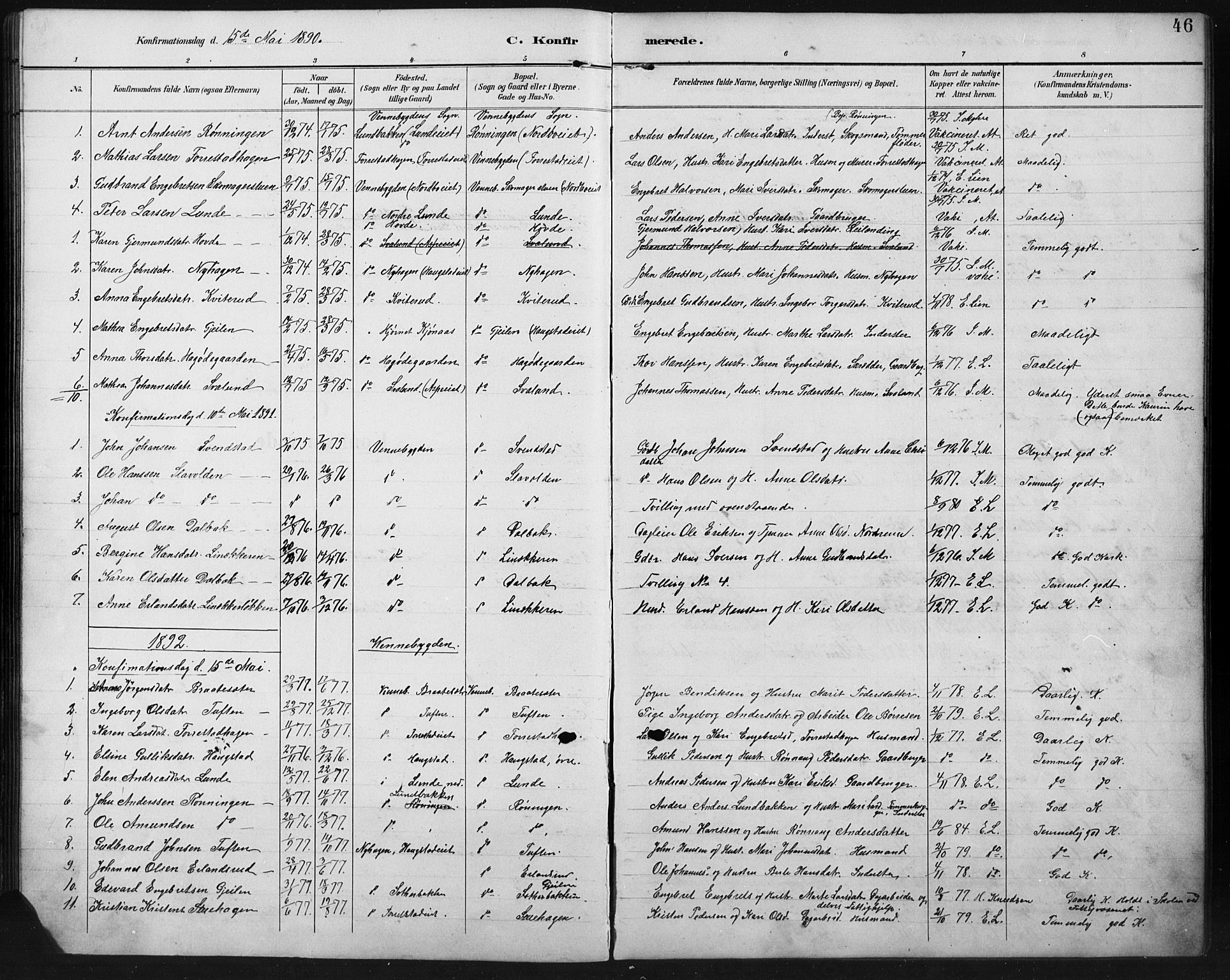 Ringebu prestekontor, SAH/PREST-082/H/Ha/Hab/L0008: Parish register (copy) no. 8, 1890-1922, p. 46