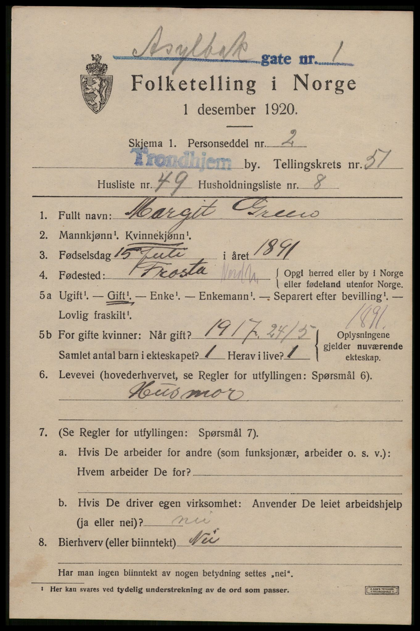 SAT, 1920 census for Trondheim, 1920, p. 106492