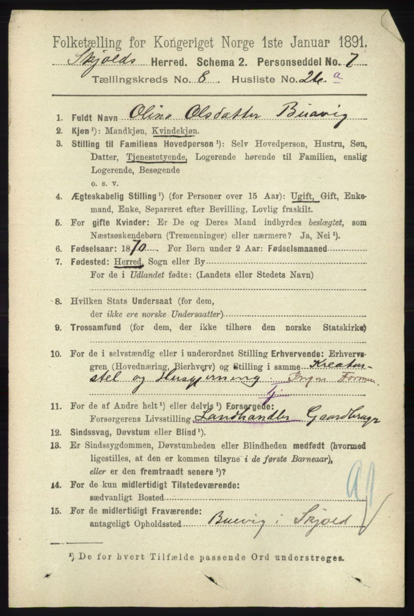 RA, 1891 census for 1154 Skjold, 1891, p. 1742