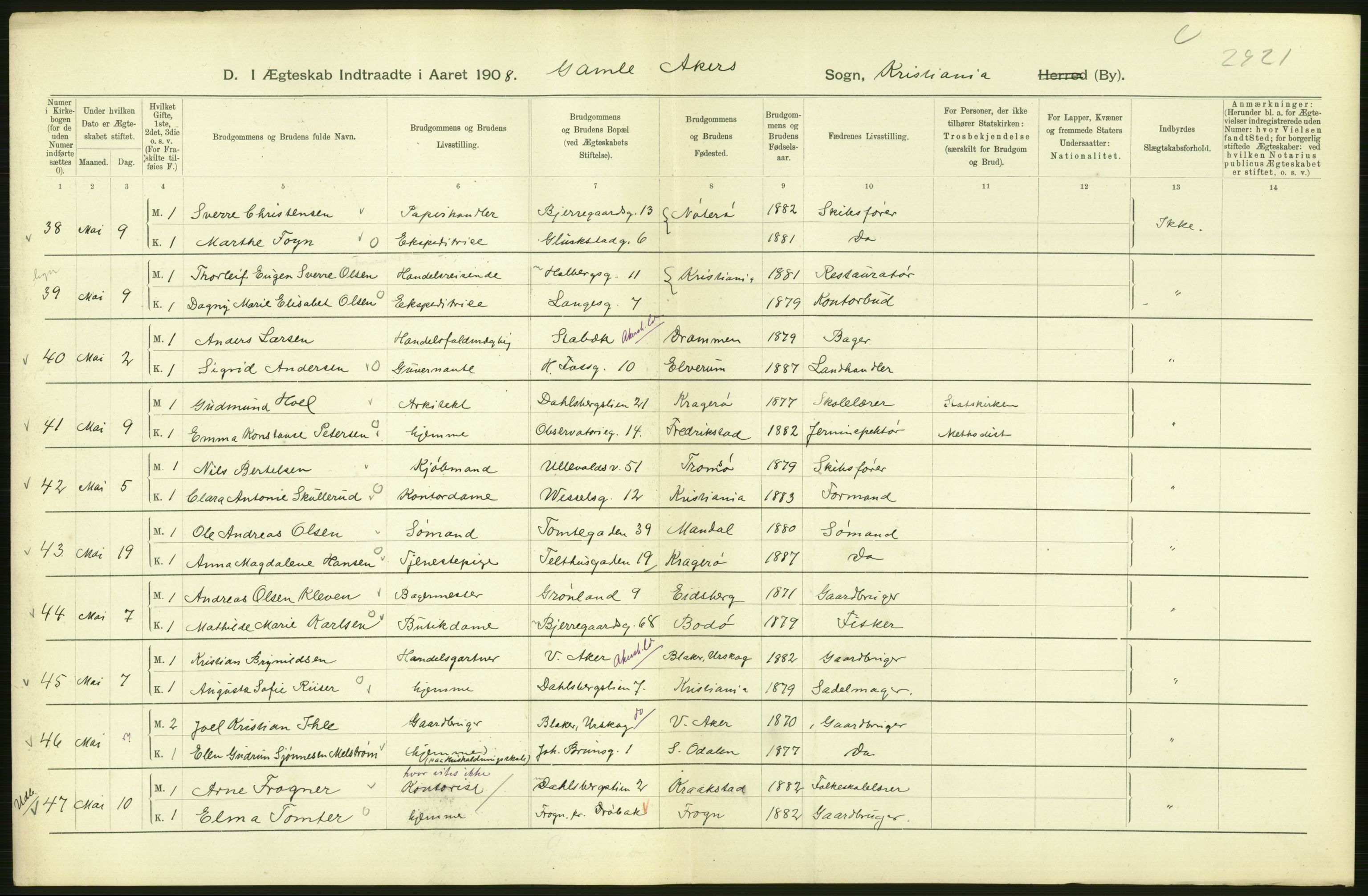 Statistisk sentralbyrå, Sosiodemografiske emner, Befolkning, AV/RA-S-2228/D/Df/Dfa/Dfaf/L0007: Kristiania: Gifte, 1908, p. 304