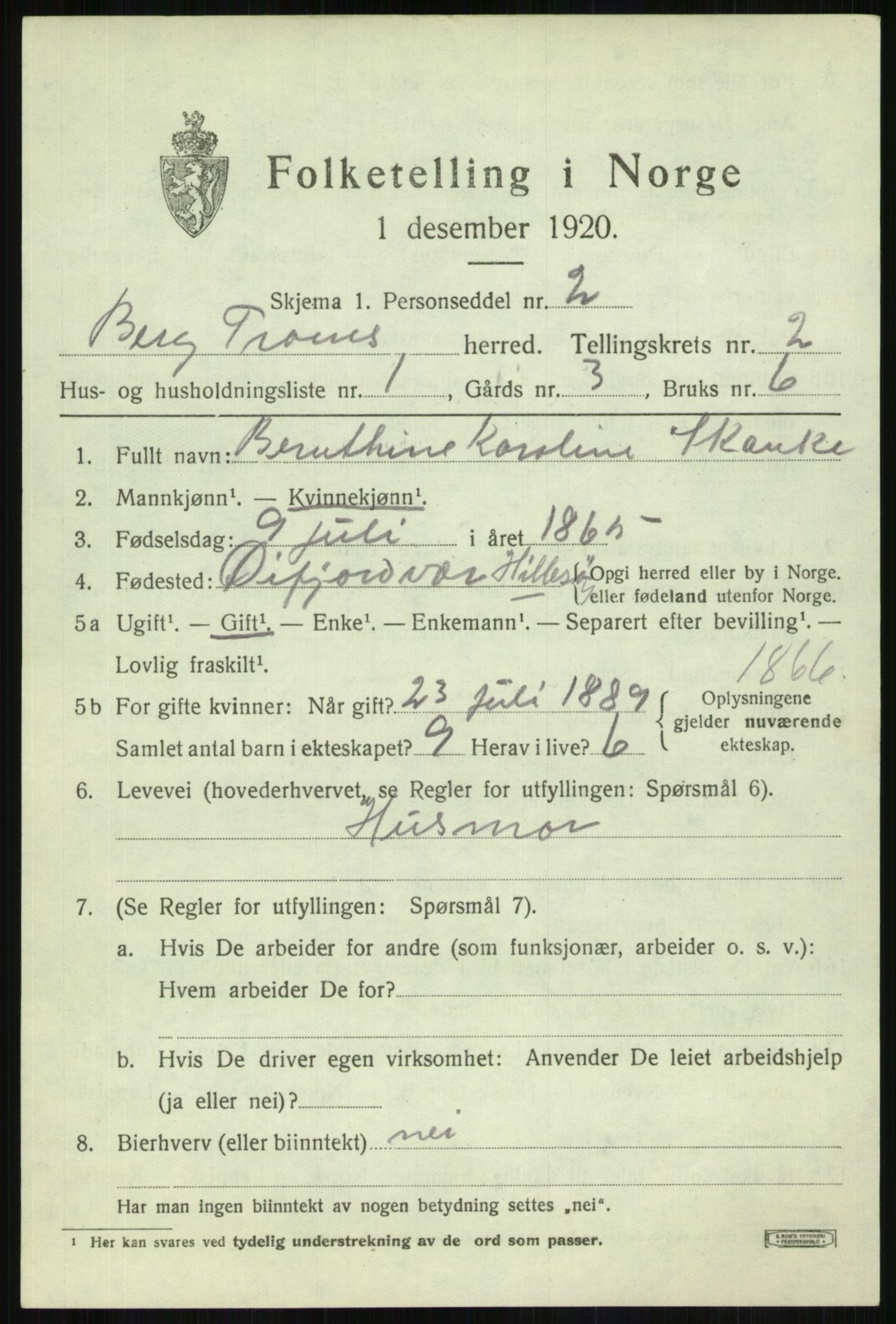 SATØ, 1920 census for Berg, 1920, p. 825