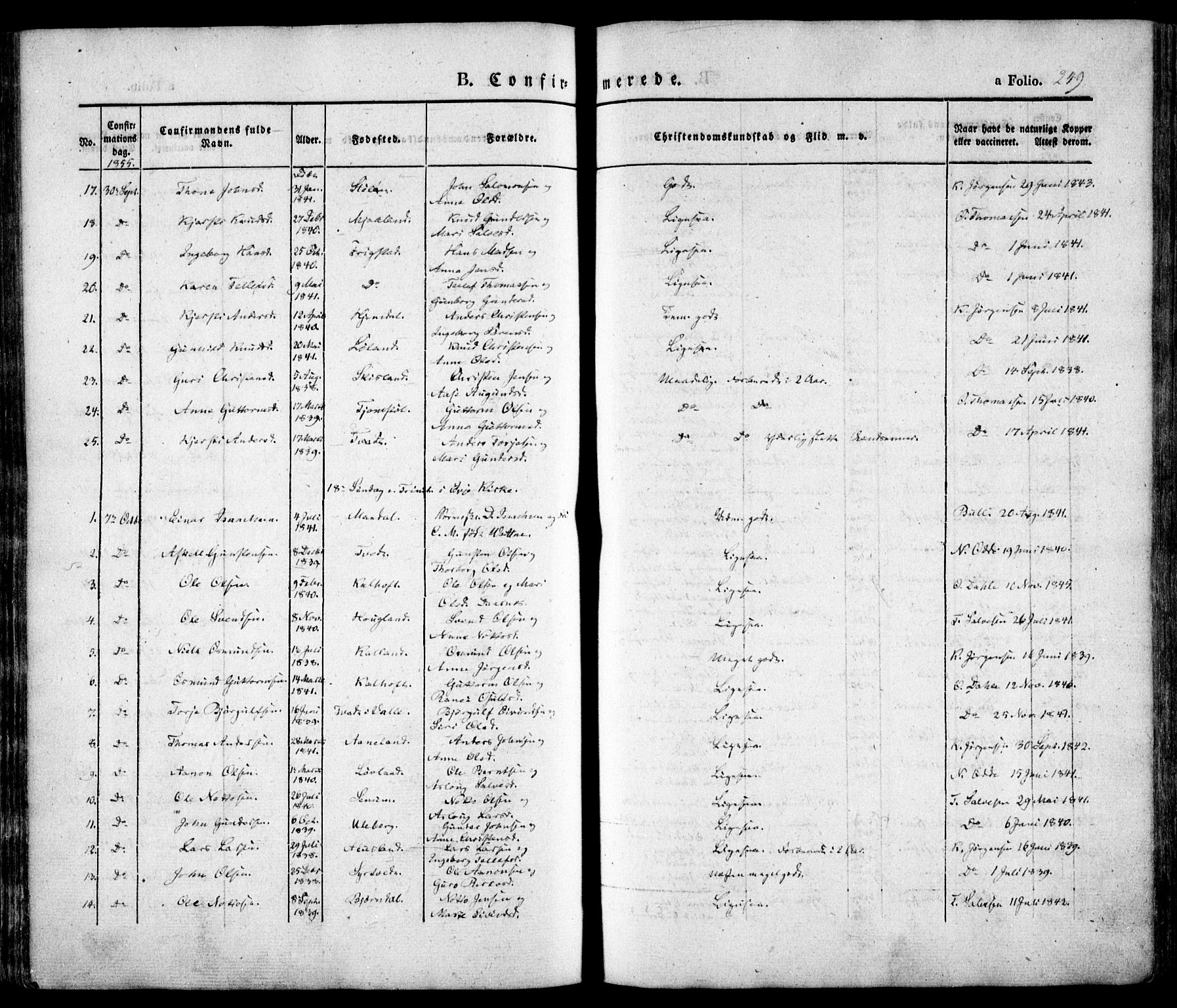 Evje sokneprestkontor, AV/SAK-1111-0008/F/Fa/Faa/L0005: Parish register (official) no. A 5, 1843-1865, p. 249